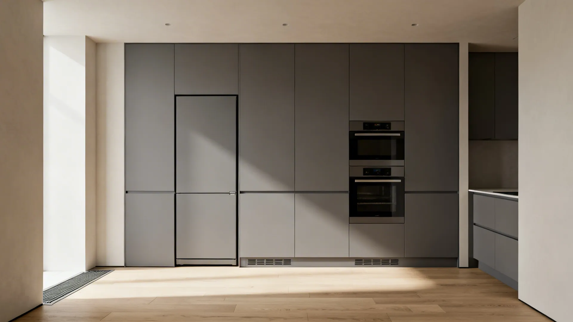 Modern grey kitchen with floor to ceiling cabinets built in fridge double ovens and wood flooring