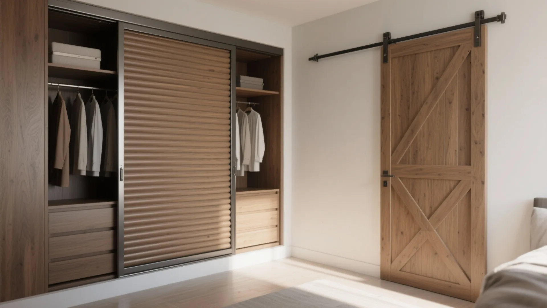Walk-in closet with wooden sliding doors and a matching rustic barn door in a bedroom