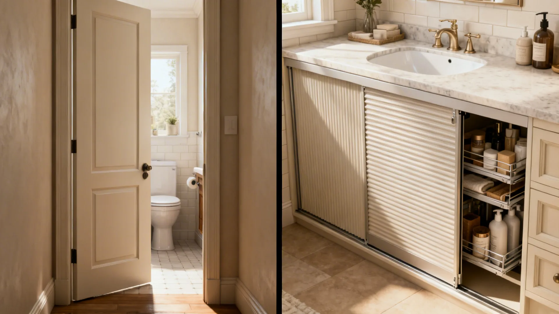 Before and after: hinged door blocking space vs tambour sliding front showing accessible under-sink storage.