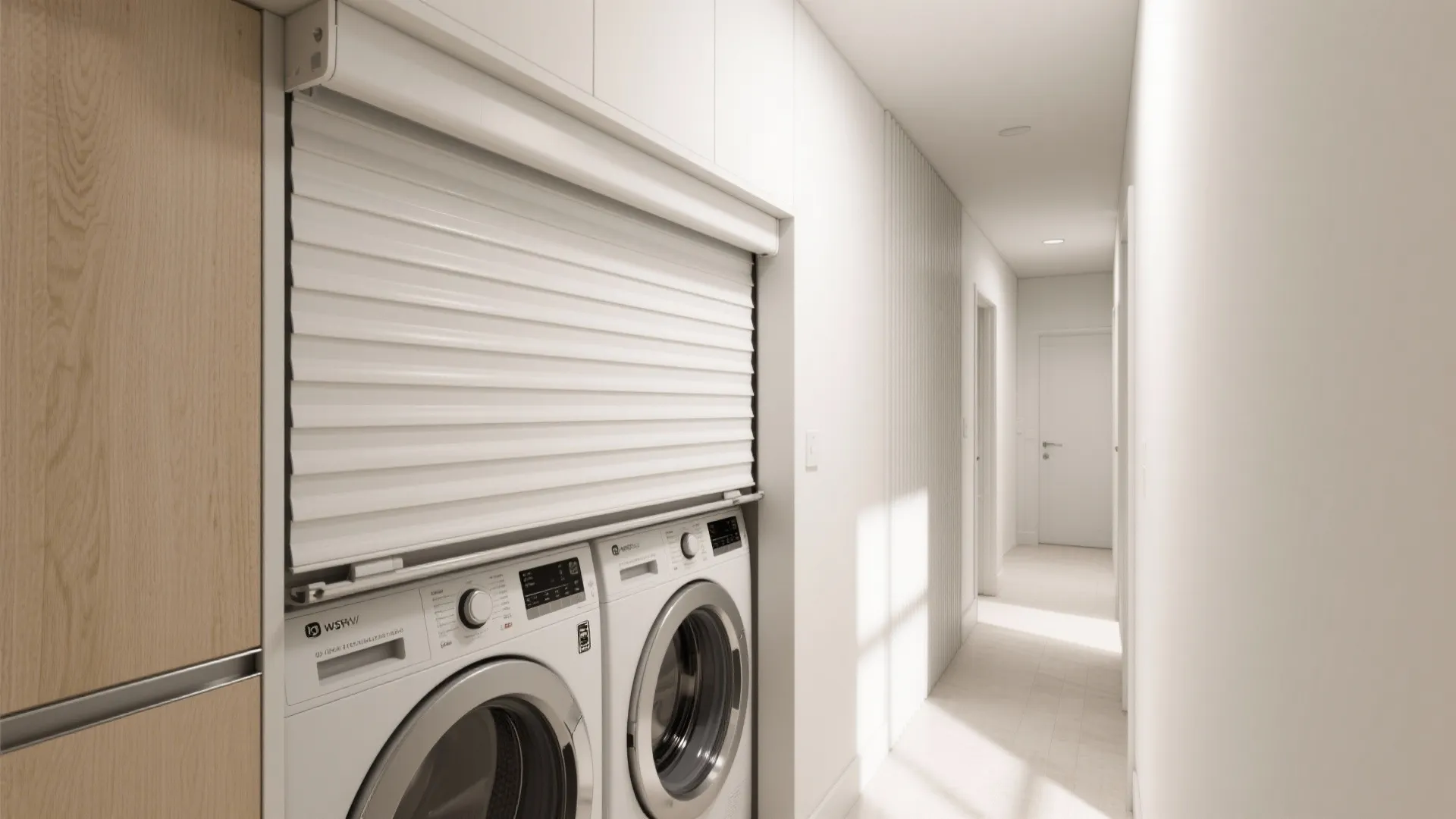 Laundry area with two washing machines and a white shutter door in a clean modern hallway
