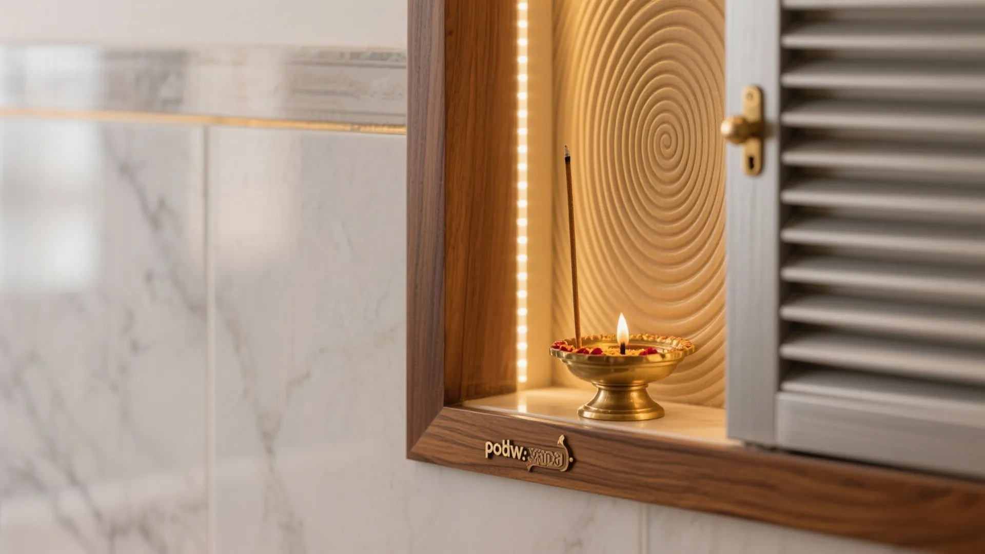 Close up of a wooden altar with golden oil lamp and incense stick near white wall