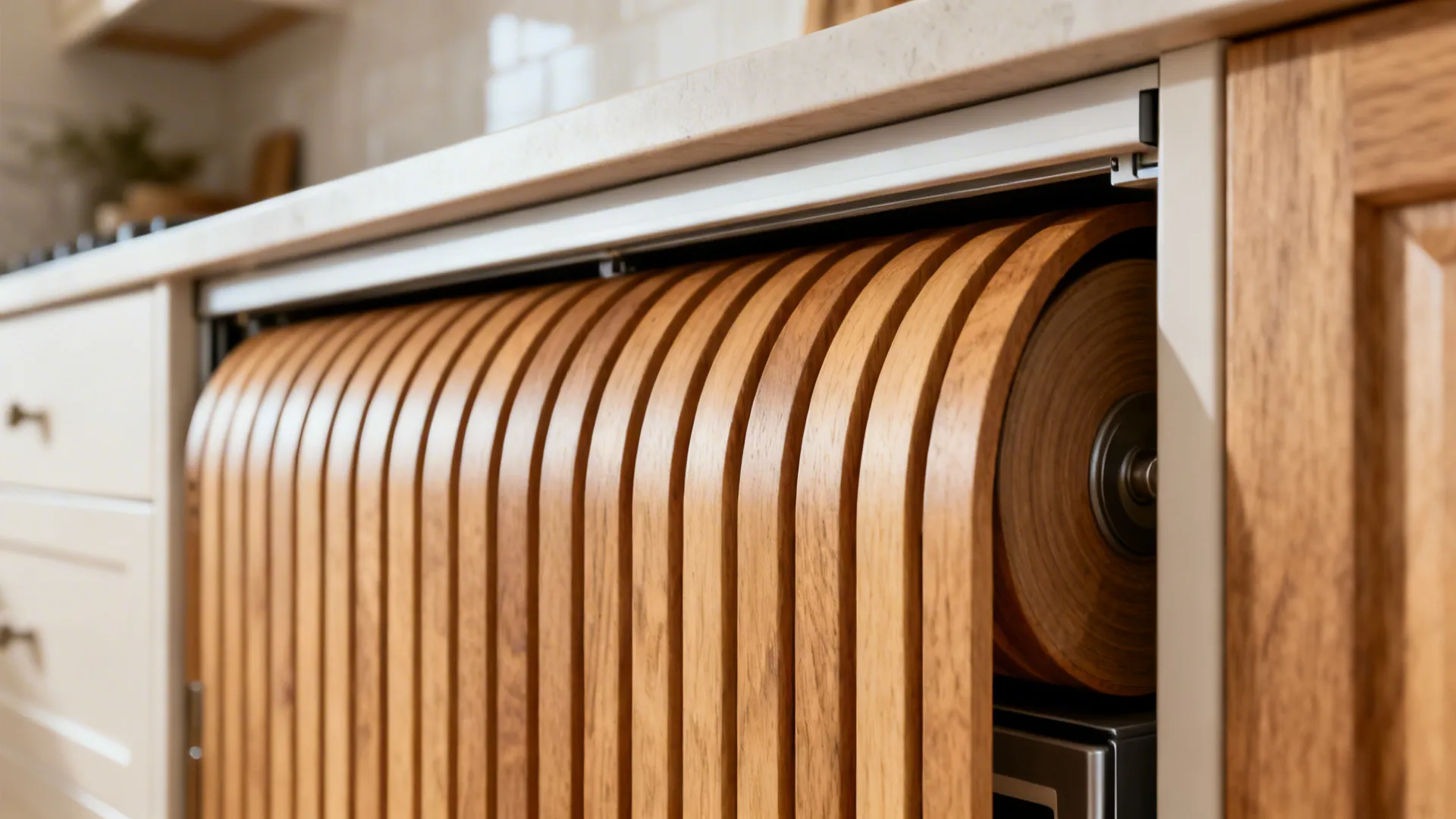 Macro of a wooden tambour appliance garage door showing precise slats and track.