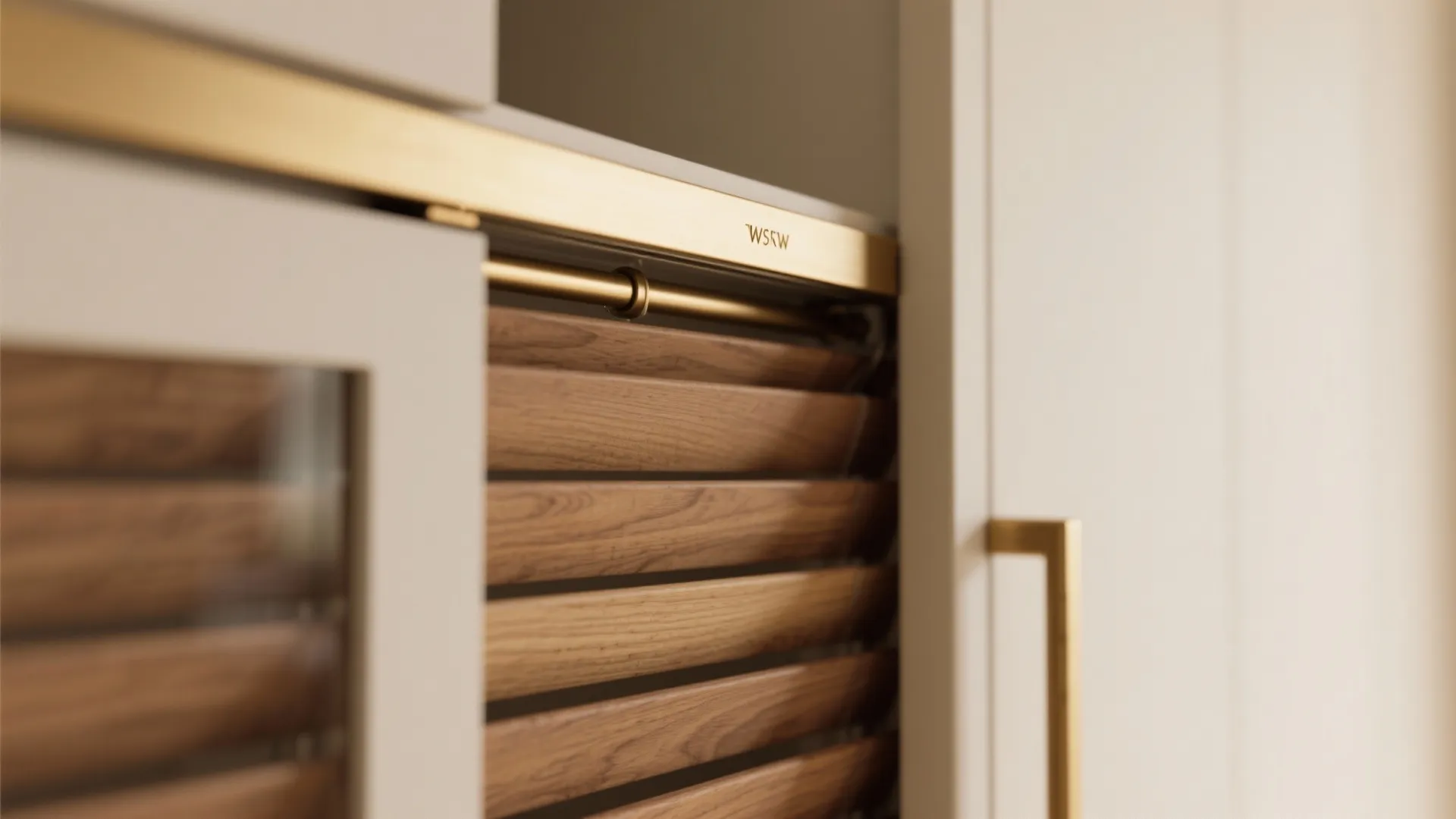 Close up of wooden cabinet door with gold handle and sliding slats for modern kitchen