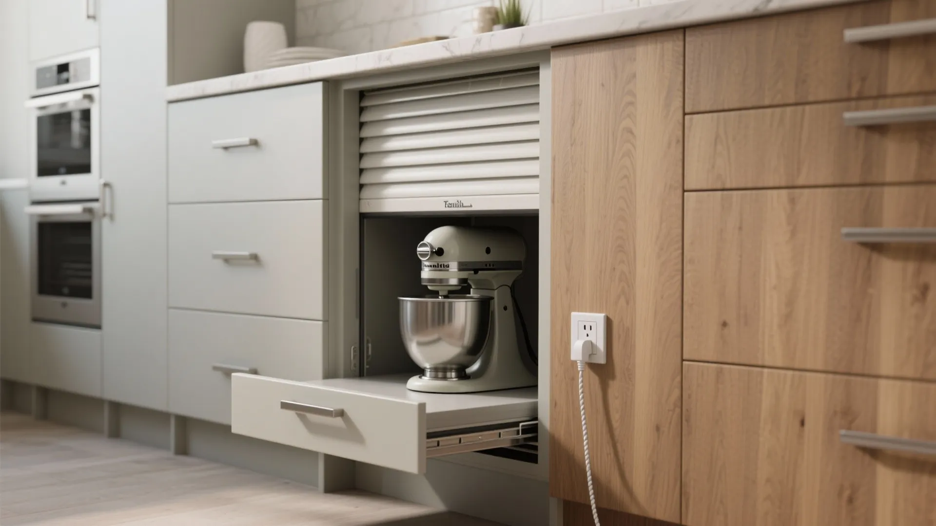 Kitchen cabinet with roller door showing stand mixer on a sliding shelf and wooden drawers