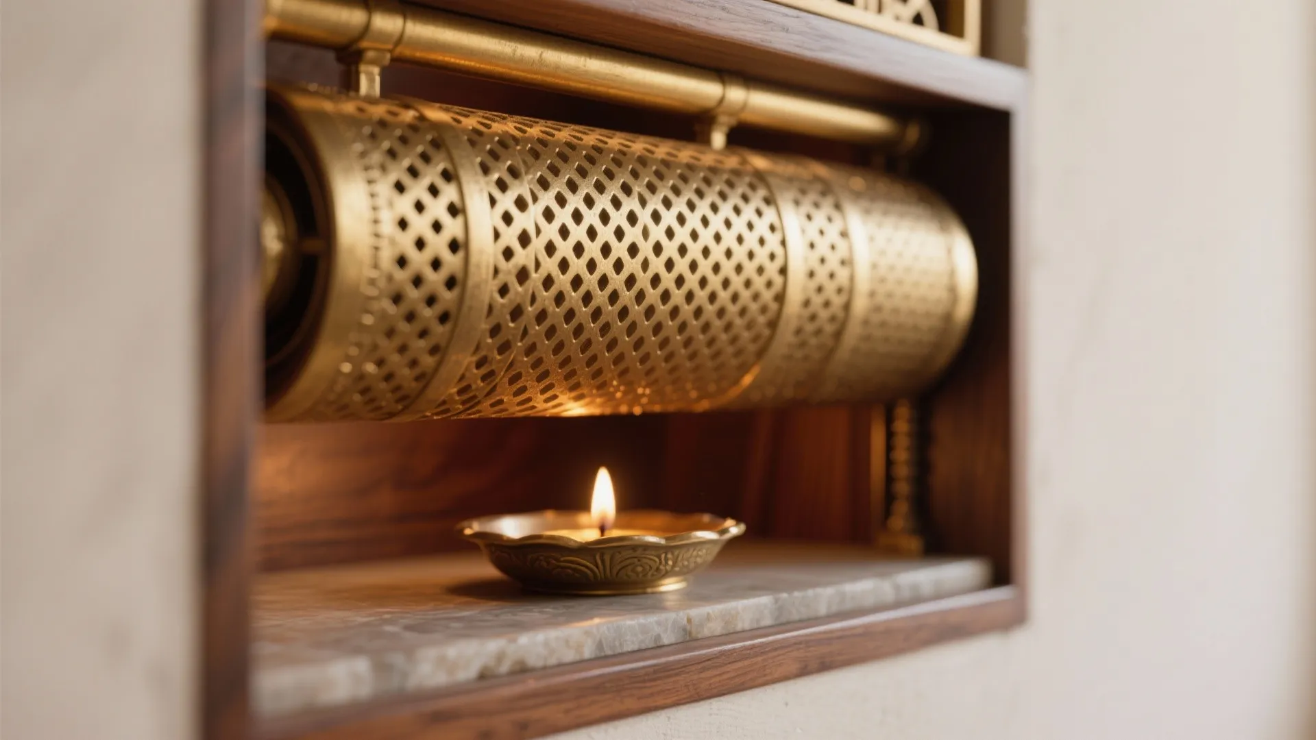 Close up of golden patterned metal light fixture above a burning candle on marble shelf surface