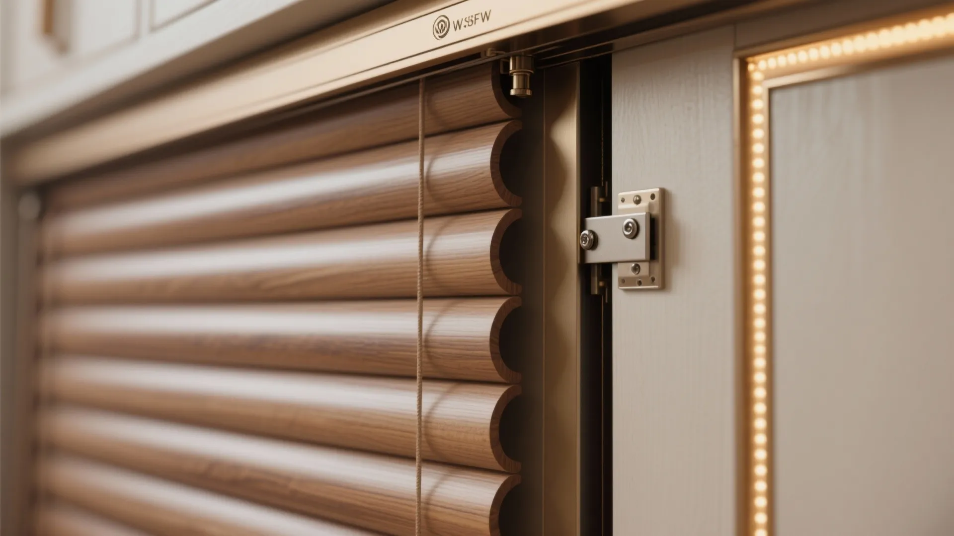 Close up of sliding wood cabinet door with horizontal slats metal hinge and warm lighting