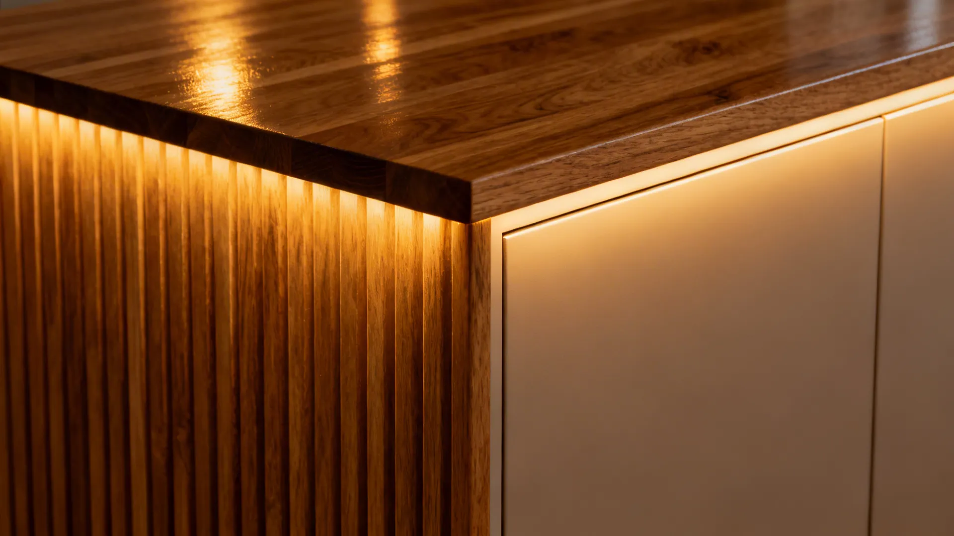 Macro detail of oak tambour paneling with warm light accentuating the grain.