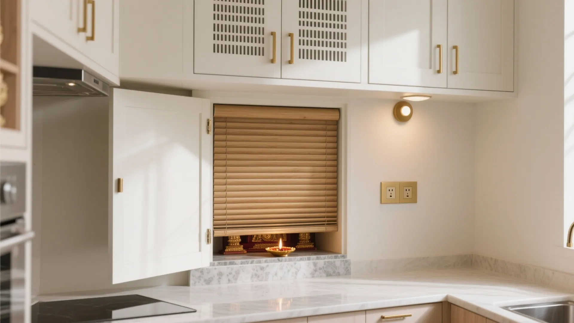 Modern white kitchen cabinet with a hidden wooden shutter door revealing a small prayer space