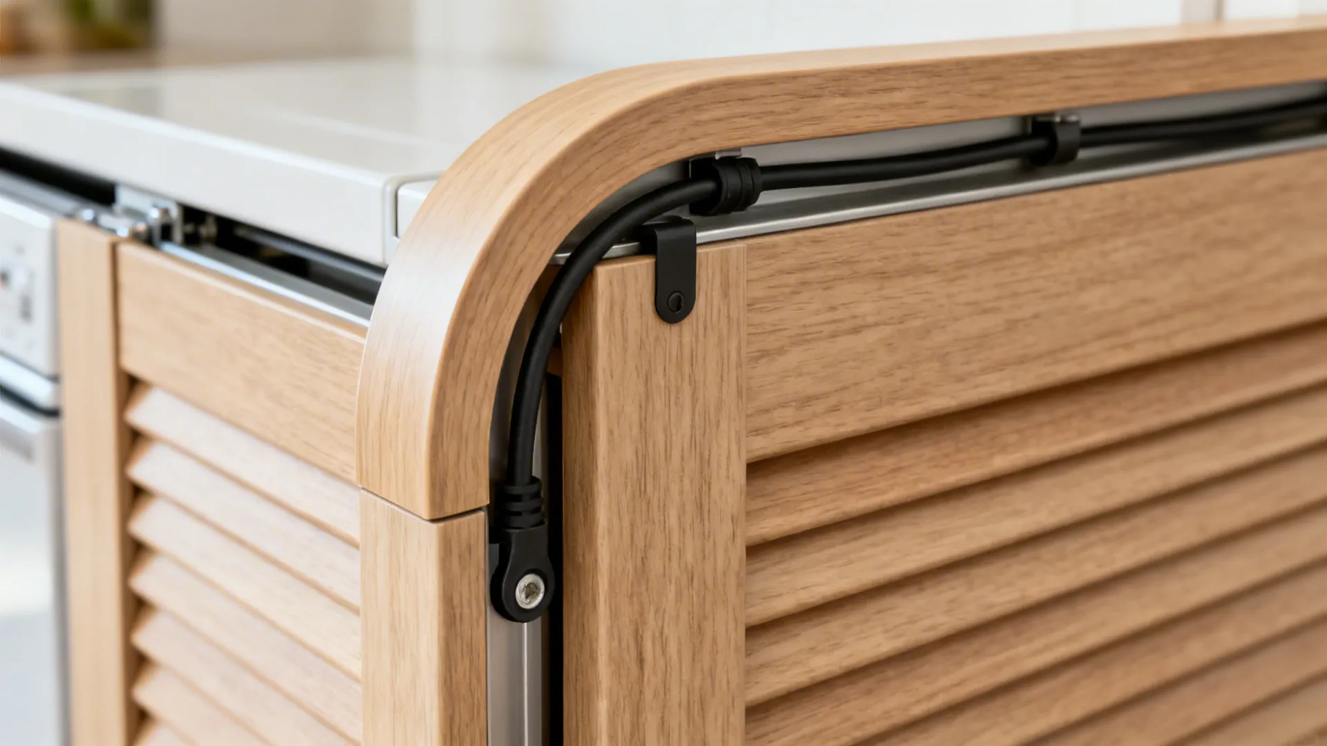 Close-up of tambour door track and laminate slats with routed cable grommet.