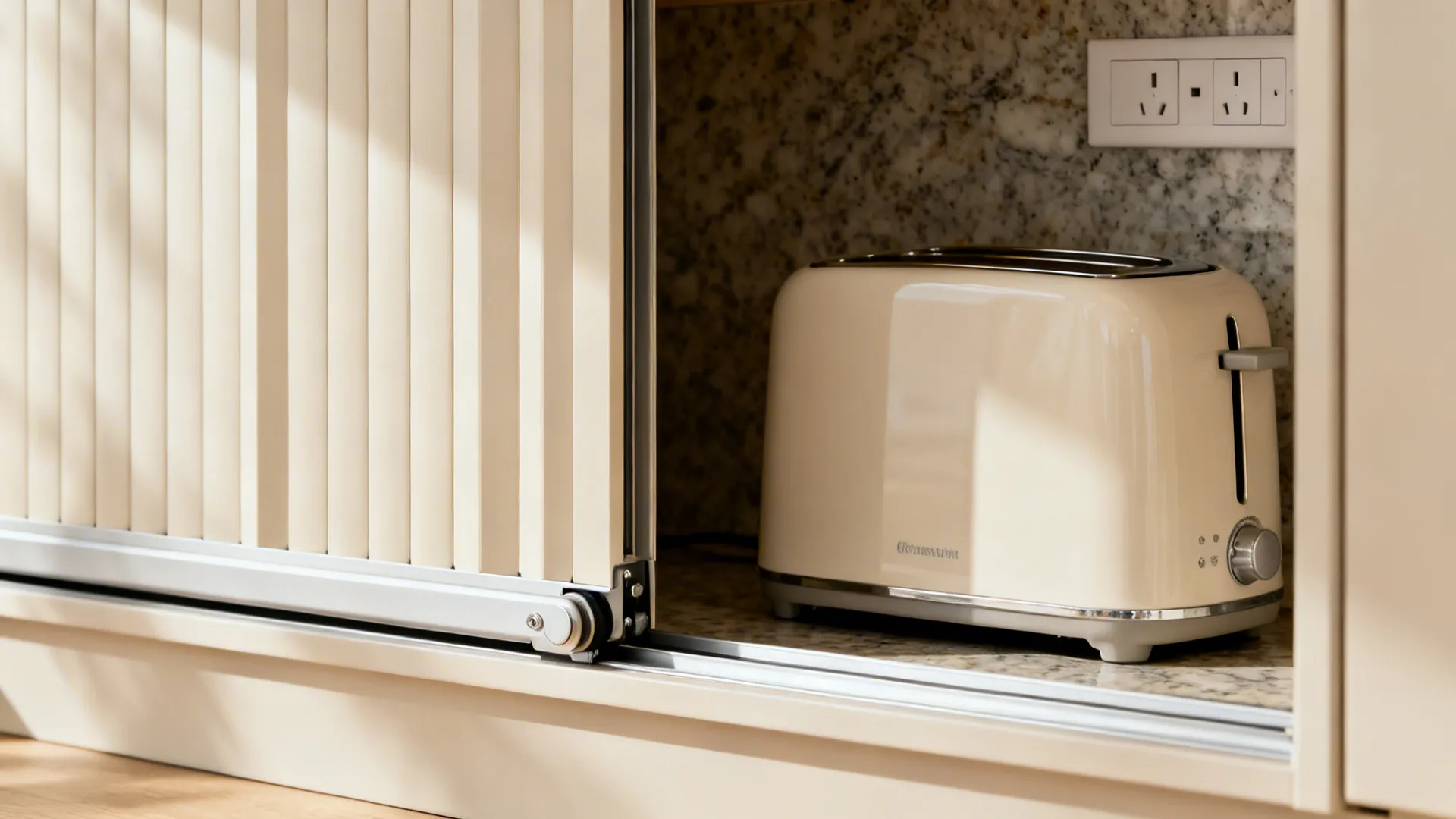 Close-up of tambour door track and outlet strip inside an appliance garage.