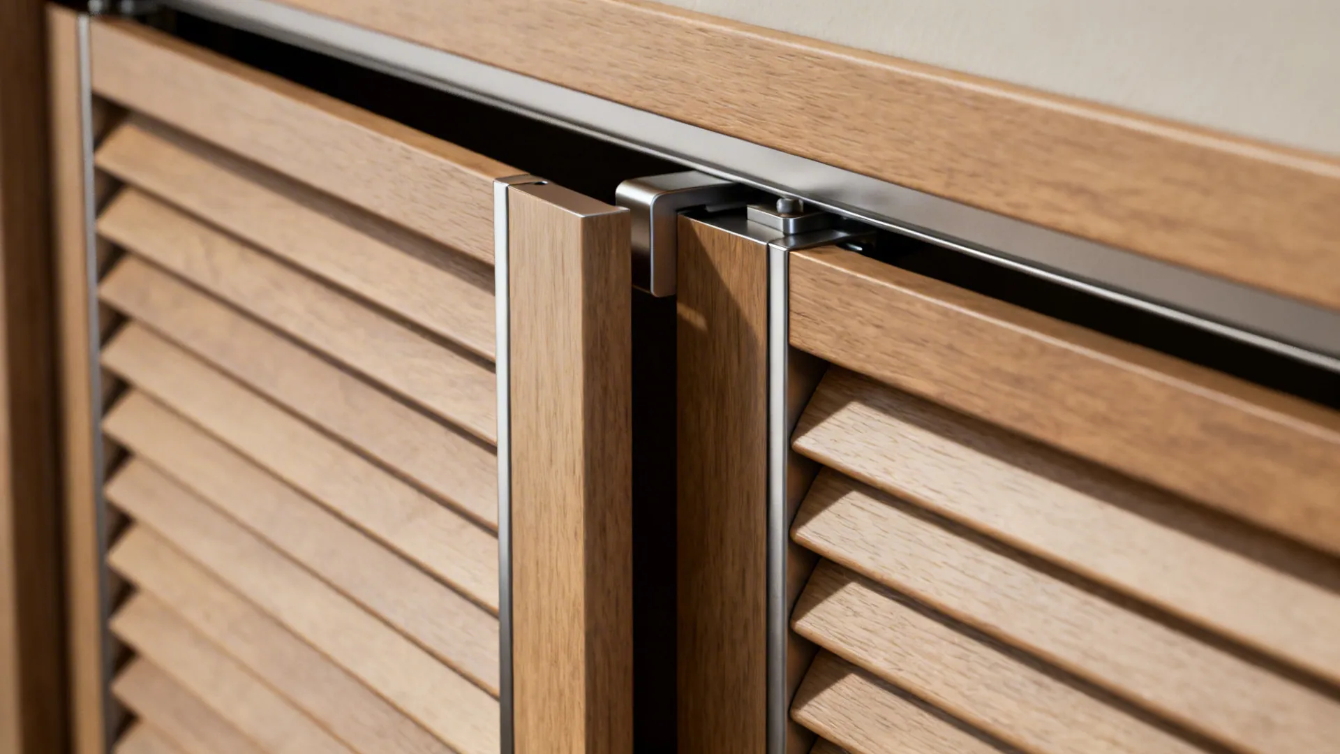 Macro of tambour shutter slats and track showing smooth motion and clean channel.