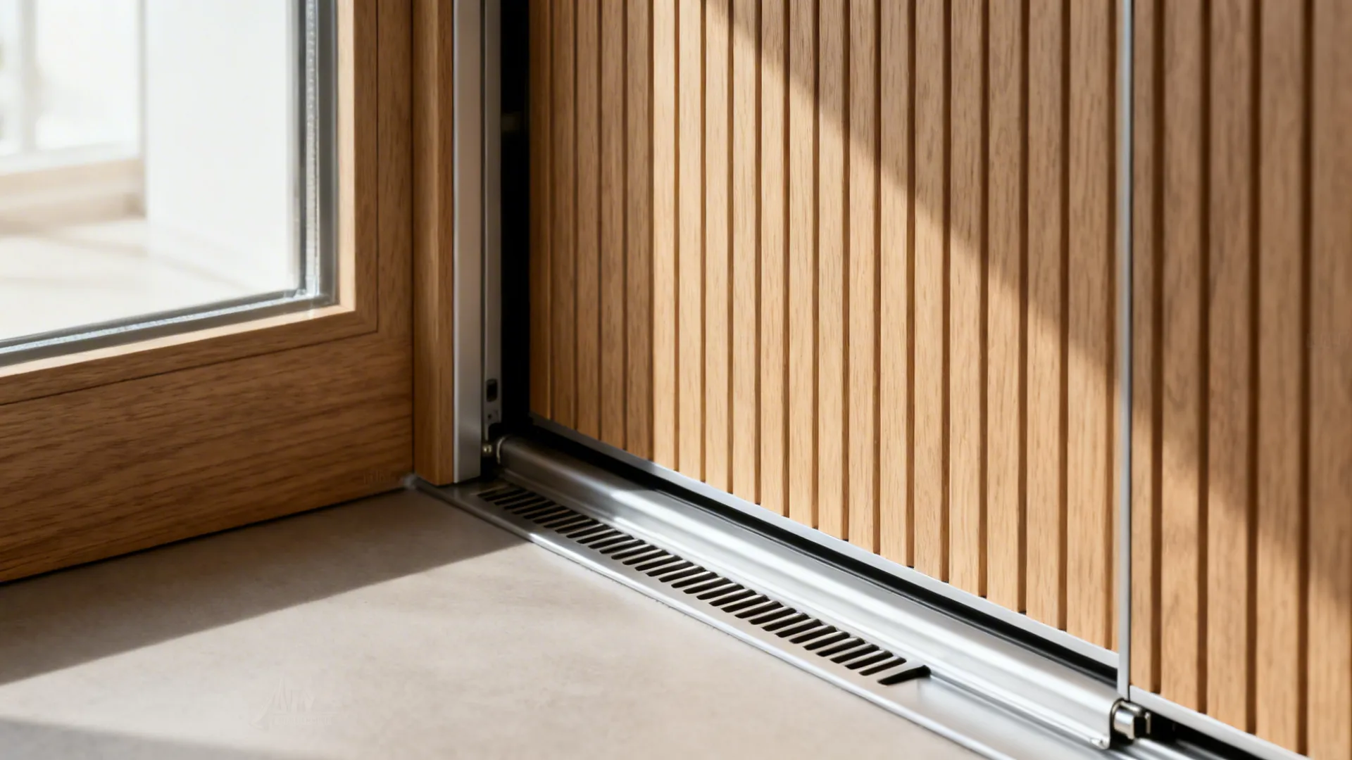 Close-up of a tambour door track and discrete vent slot in a corner appliance garage.