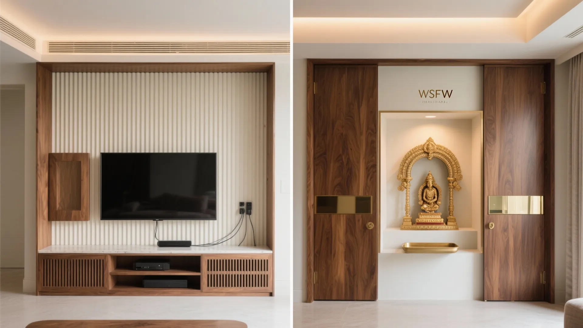 TV wall integration with sliding tambour doors