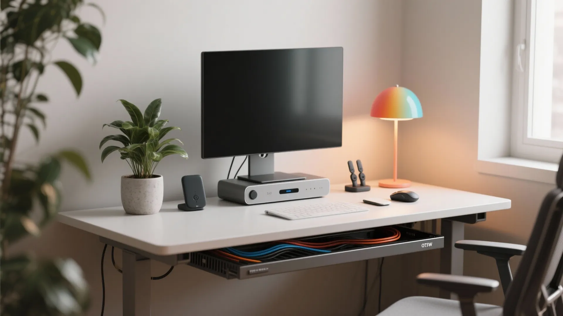 Small desk with cable tray, slim docking station, vertical monitor, and a single plant focal point for a tidy look.