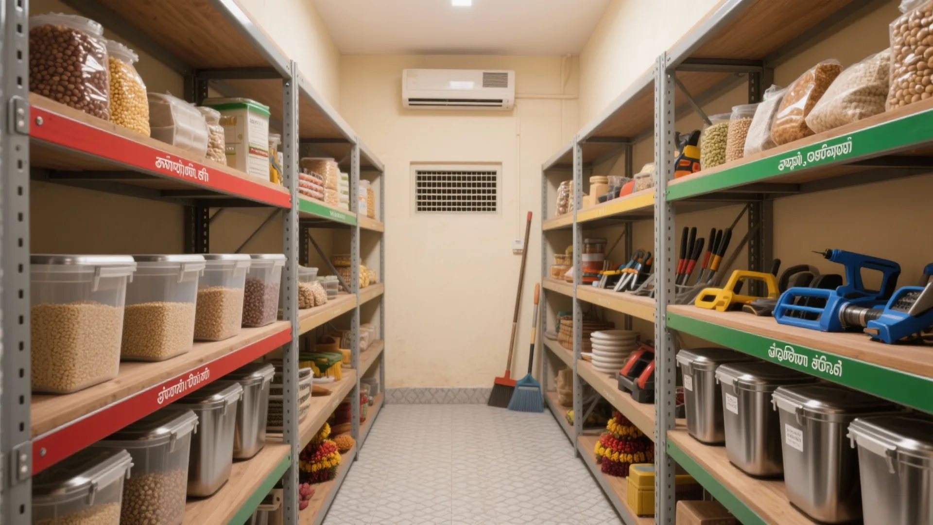 Organized utility room with wooden shelves holding food containers and tools under air conditioning unit