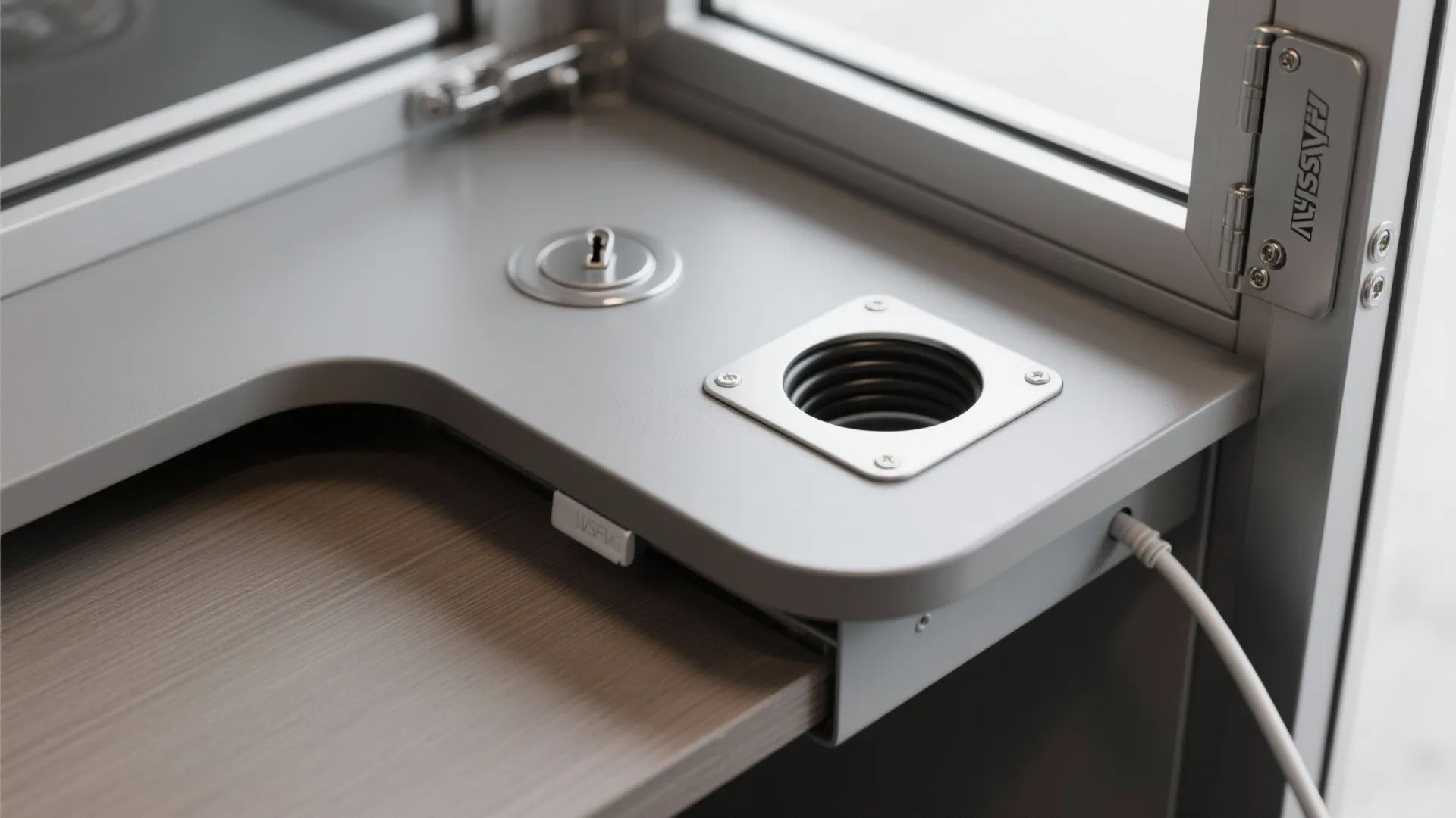 Close up view of grey office desk surface with built in round cup holder and lock