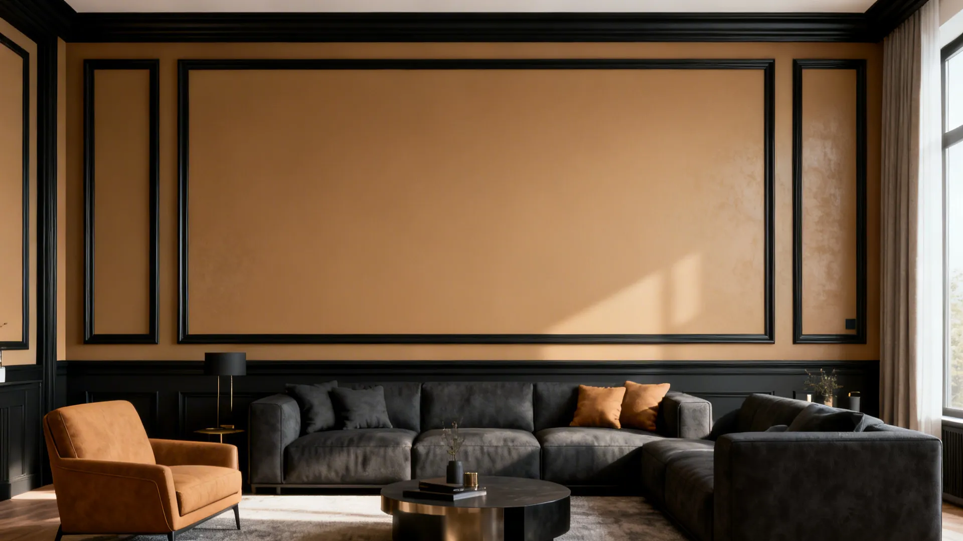 Living room with a single tan accent wall framed by black trim and charcoal furnishings.