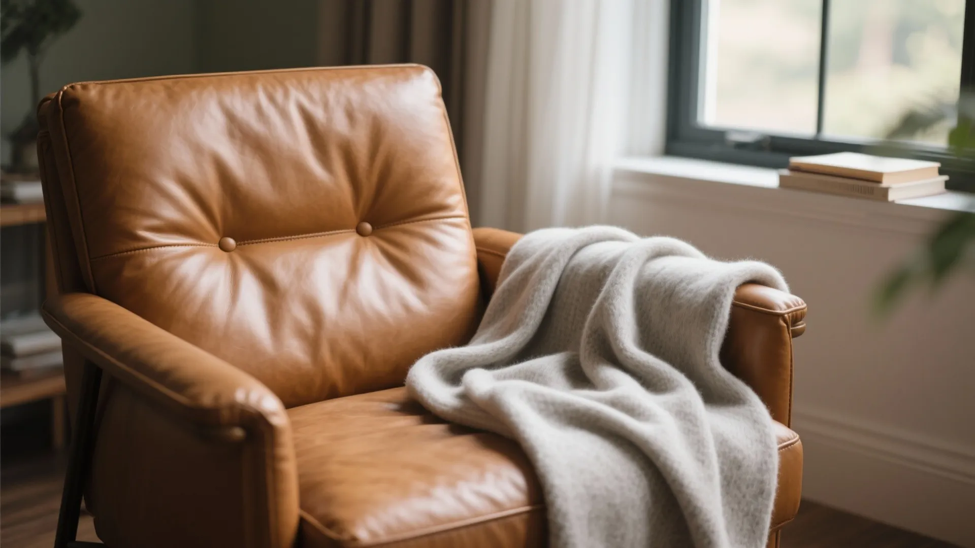 Tan leather armchair with light grey throw