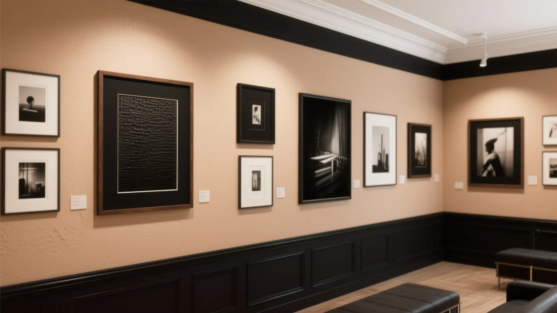 Art gallery room featuring framed black white photos tan walls black wall panels leather benches