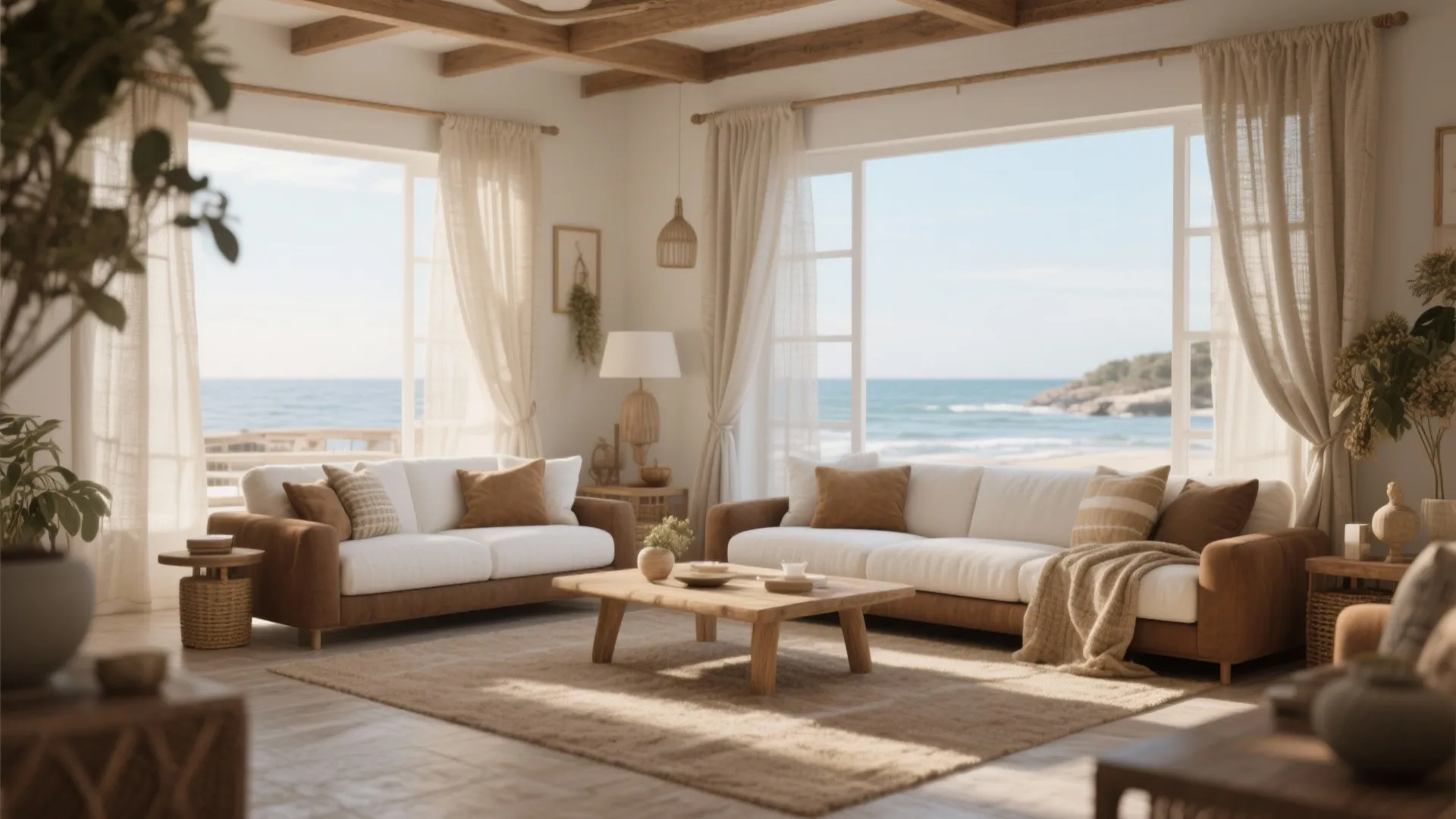 Coastal living room with white sofas wooden coffee table beige rug and large bright ocean windows