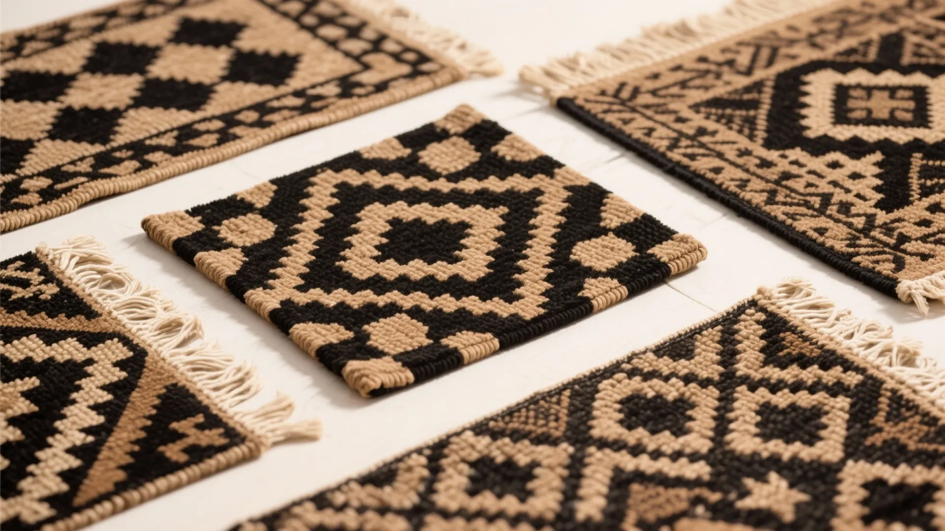 5. Tan and black patterned rugs