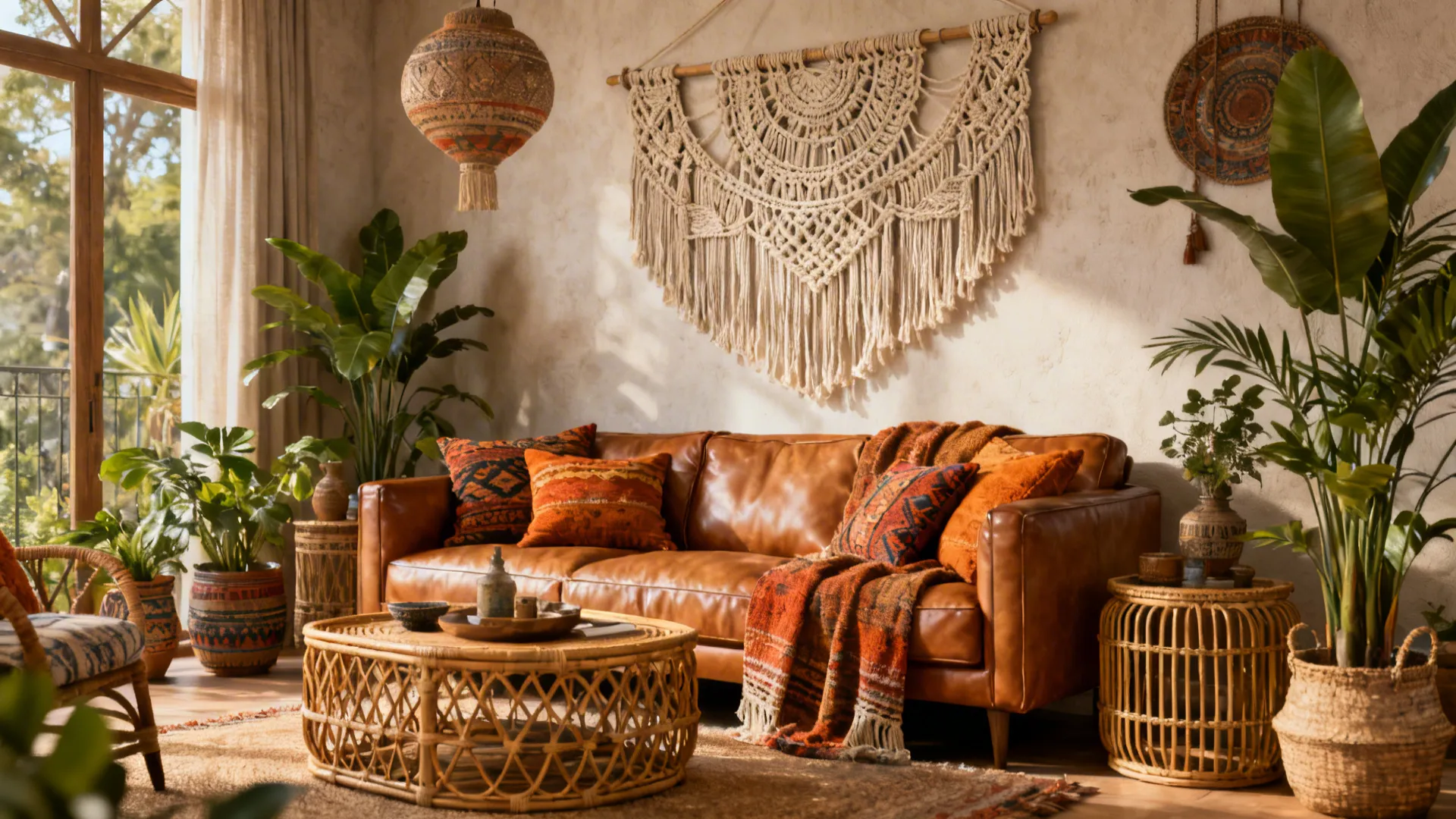Cozy living room with leather sofa orange pillows wall hanging rattan coffee table and plants