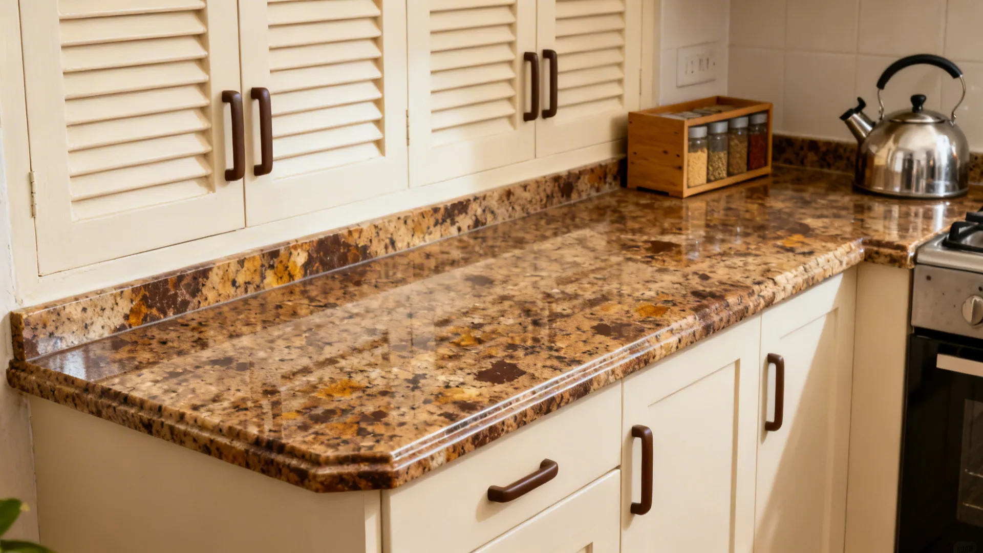 Tan Brown granite with ivory cabinets and matte handles in a cozy small kitchen.