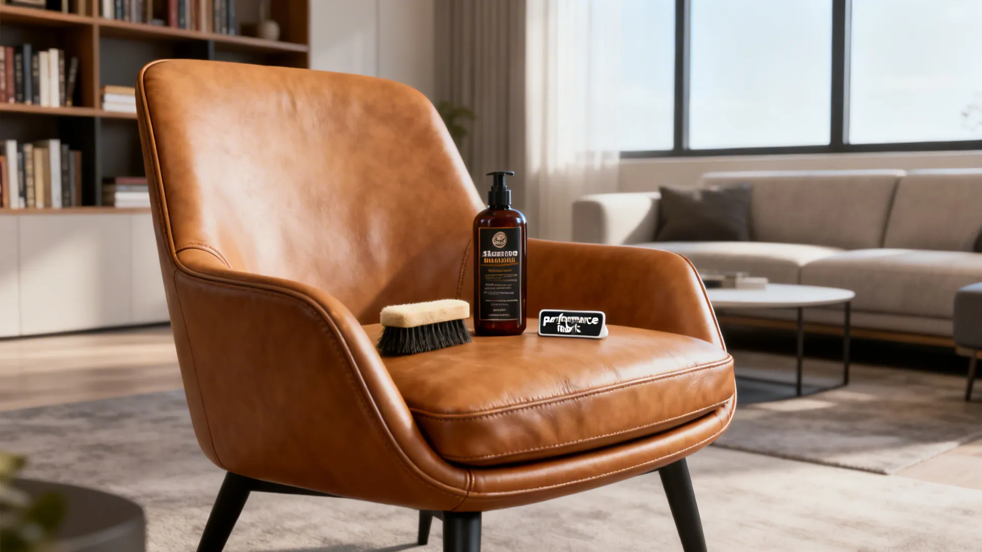 Brown leather chair with cleaning bottle and brush in a modern living room with sofa