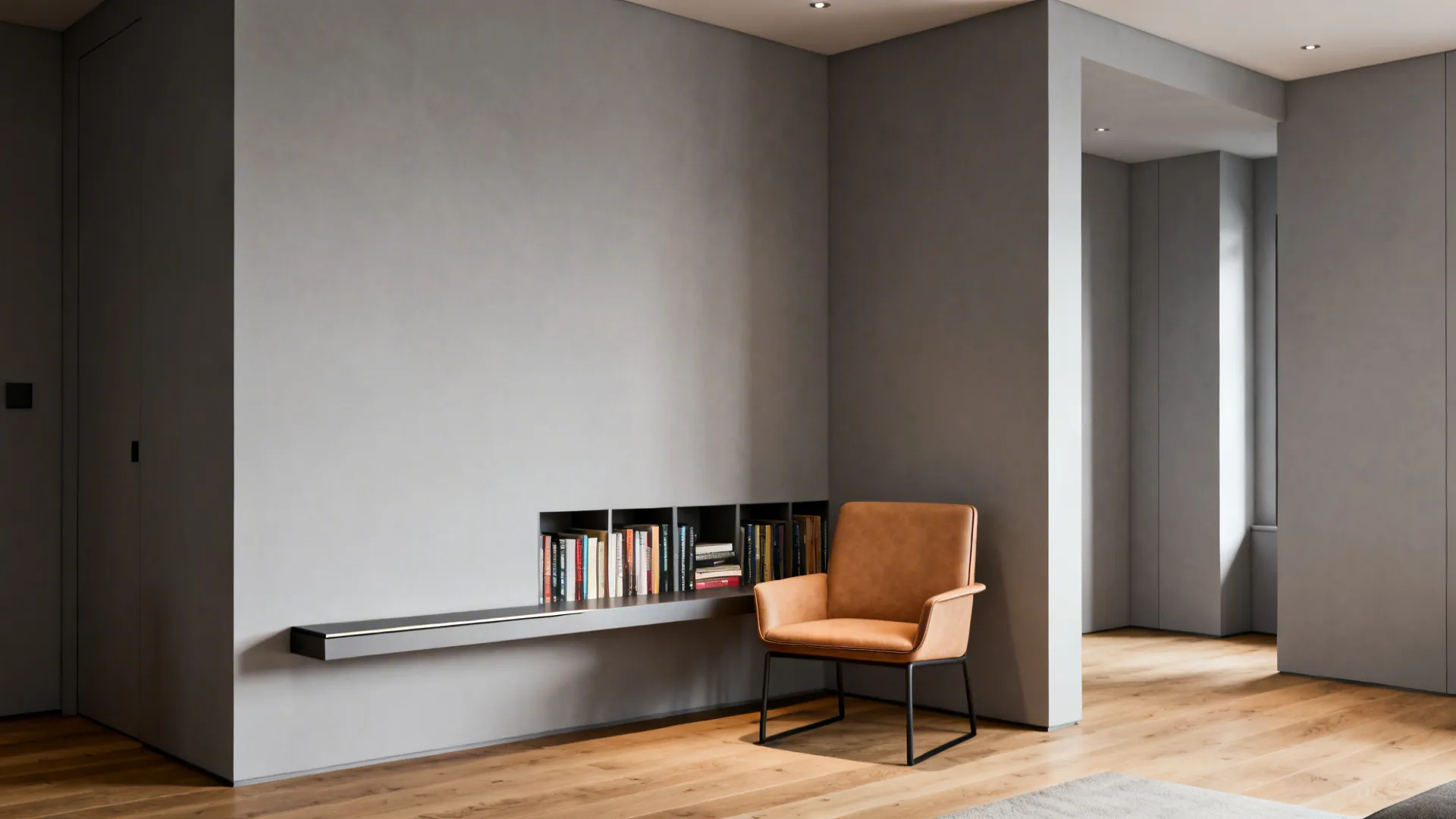 Minimalist gray room with tan chair next to wall bookshelf and wooden floor with lights