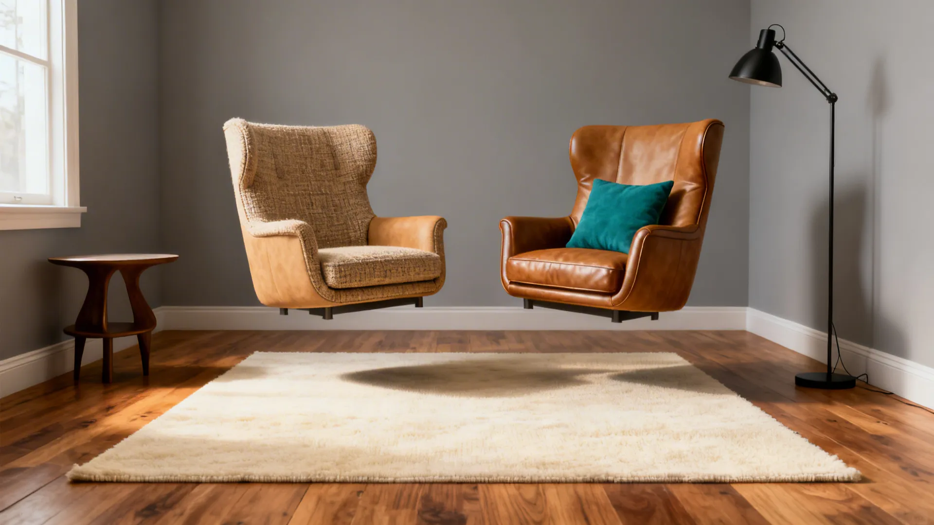 Two brown armchairs floating over a white rug in a room with a floor lamp
