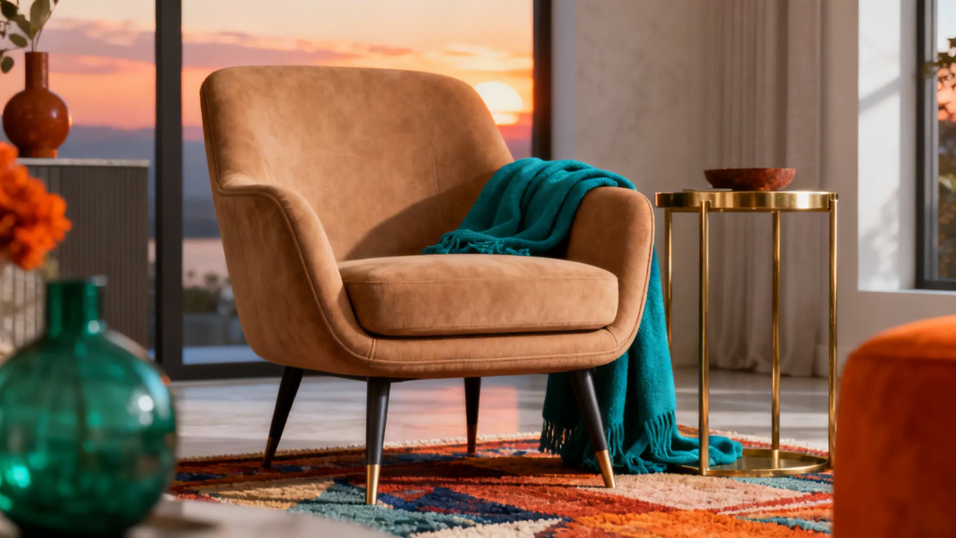 Brown armchair with teal blanket and gold side table on colorful rug during a sunset