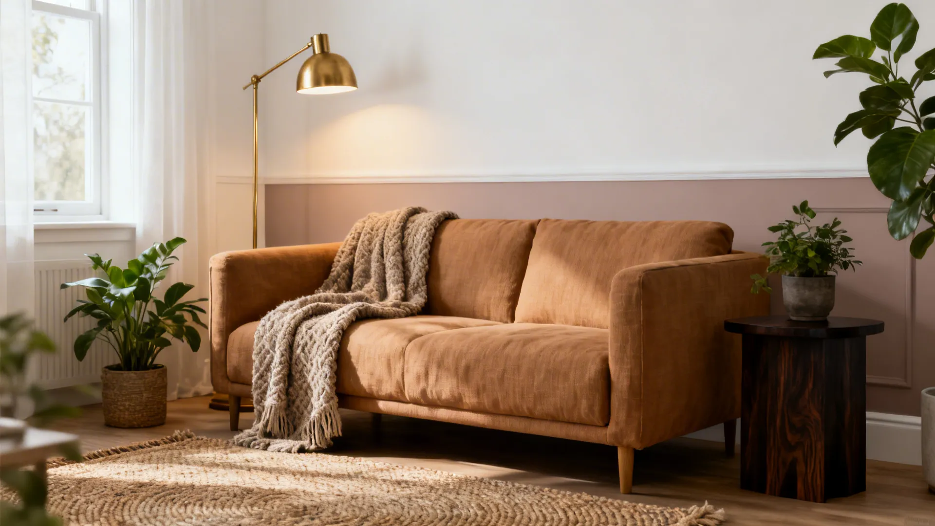 Tan sofa with a beige blanket, gold floor lamp, potted plants, and a jute rug