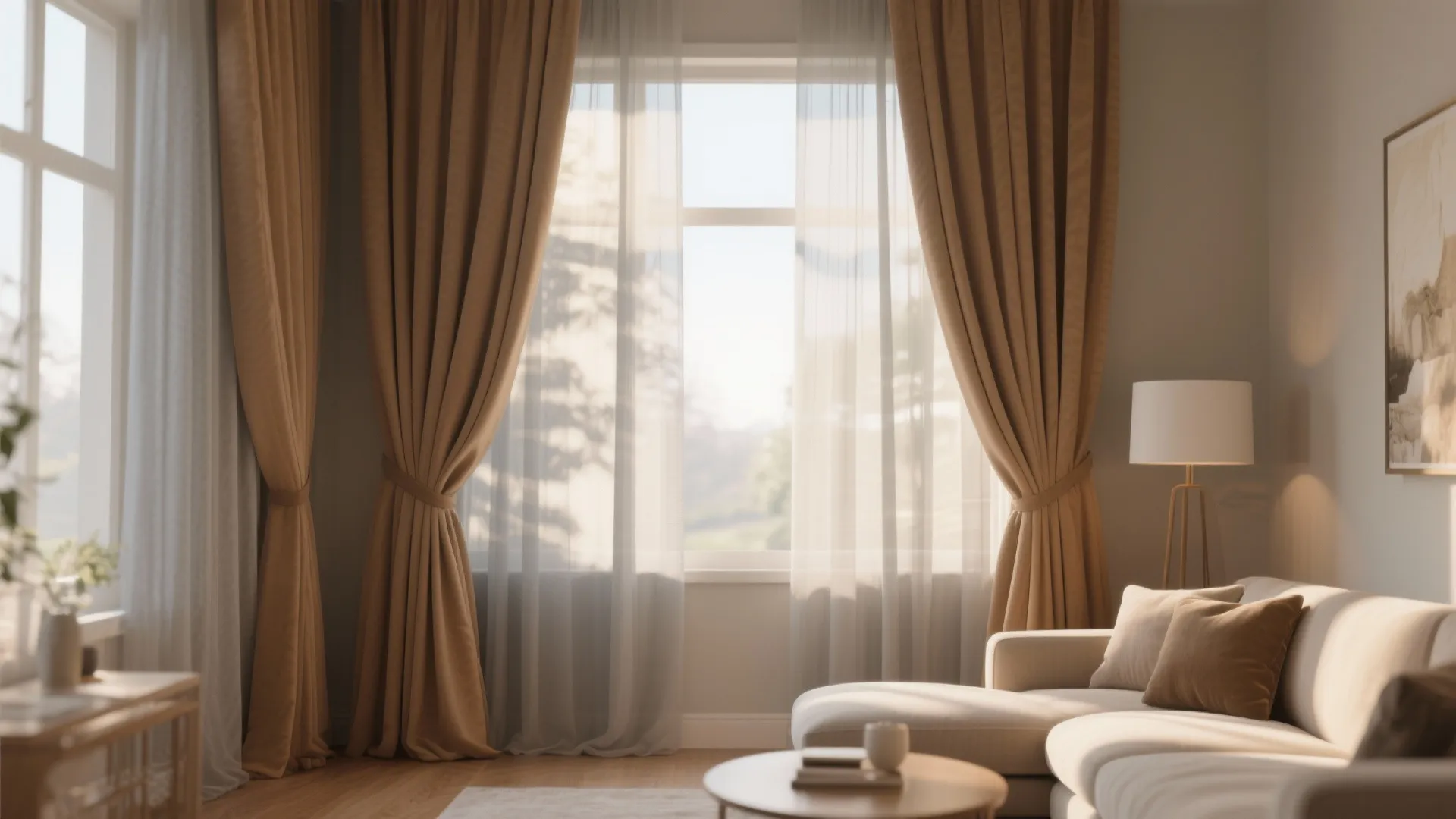 9. Tan Curtains with Grey Sheers