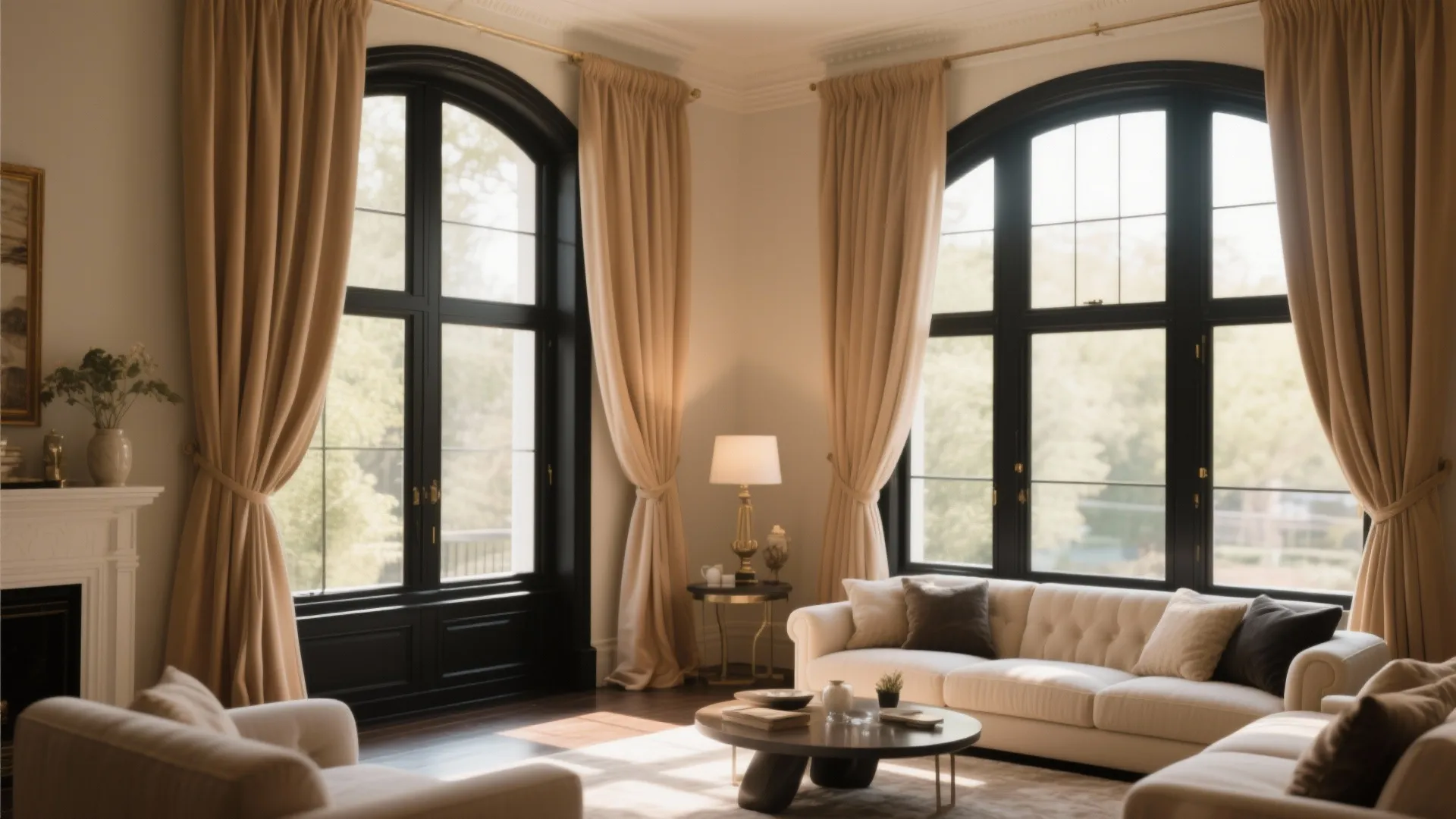 9. Tan curtains framing black-framed windows