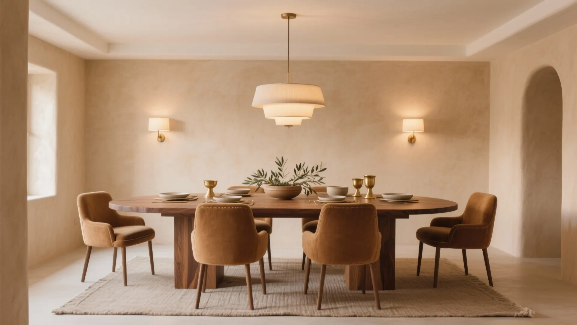 Modern dining room with large wooden table orange chairs ceiling light wall lights and carpet