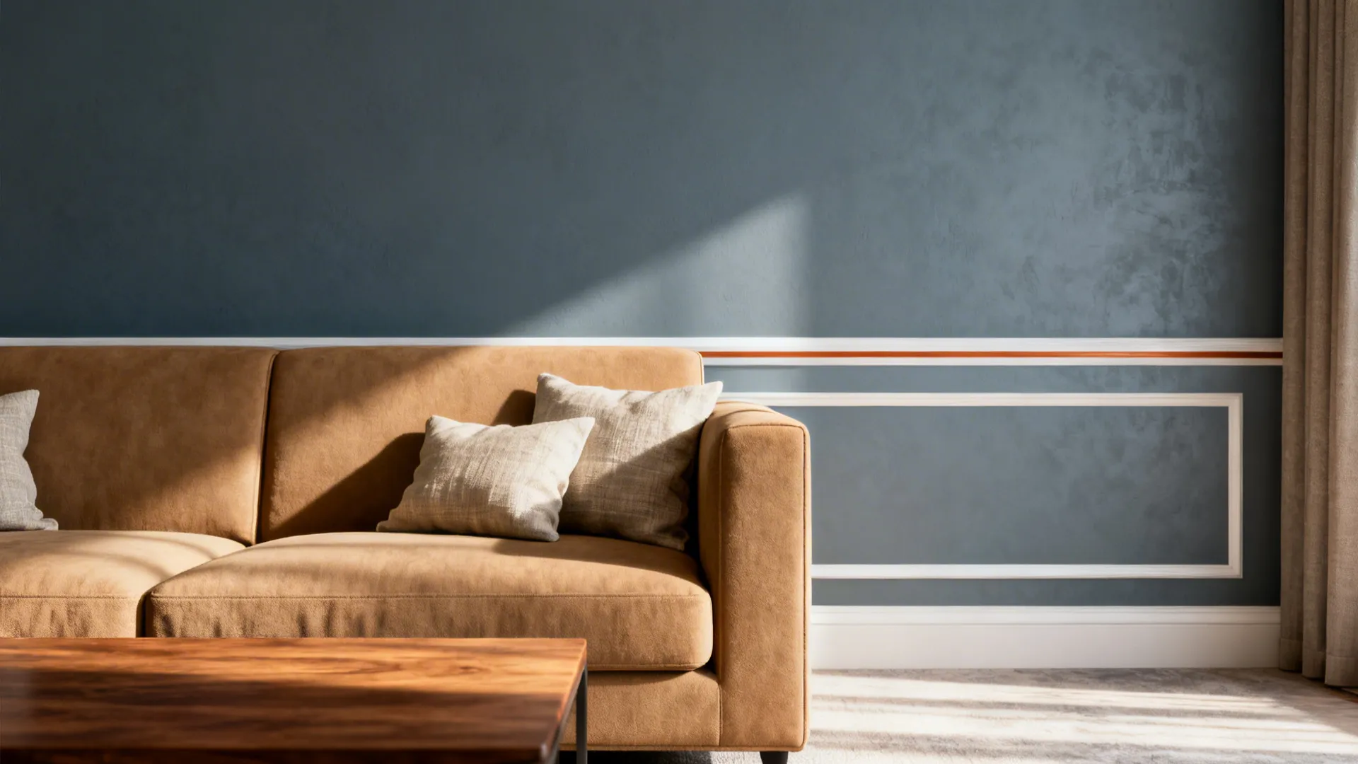 Tan sofa with cushions against a blue wall with white wall panels and wooden table