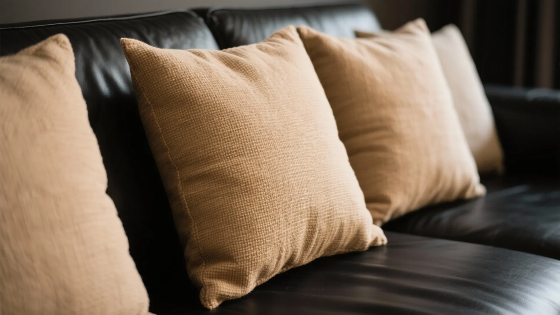 7. Textured tan fabrics on black sofas