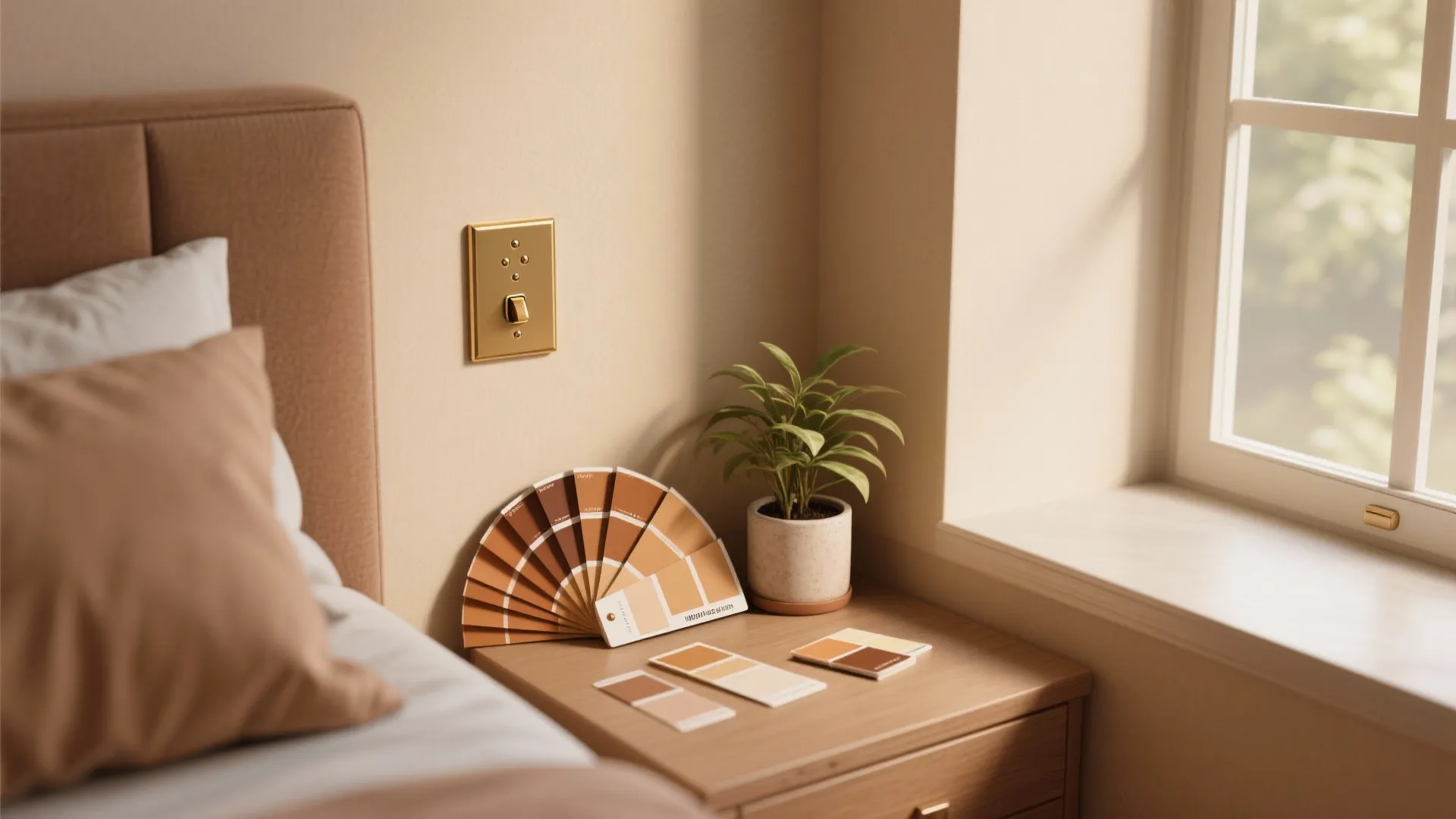 Editorial vignette with tan paint swatches, a brass switch plate and a plant illustrating FAQ tips for tan bedrooms.