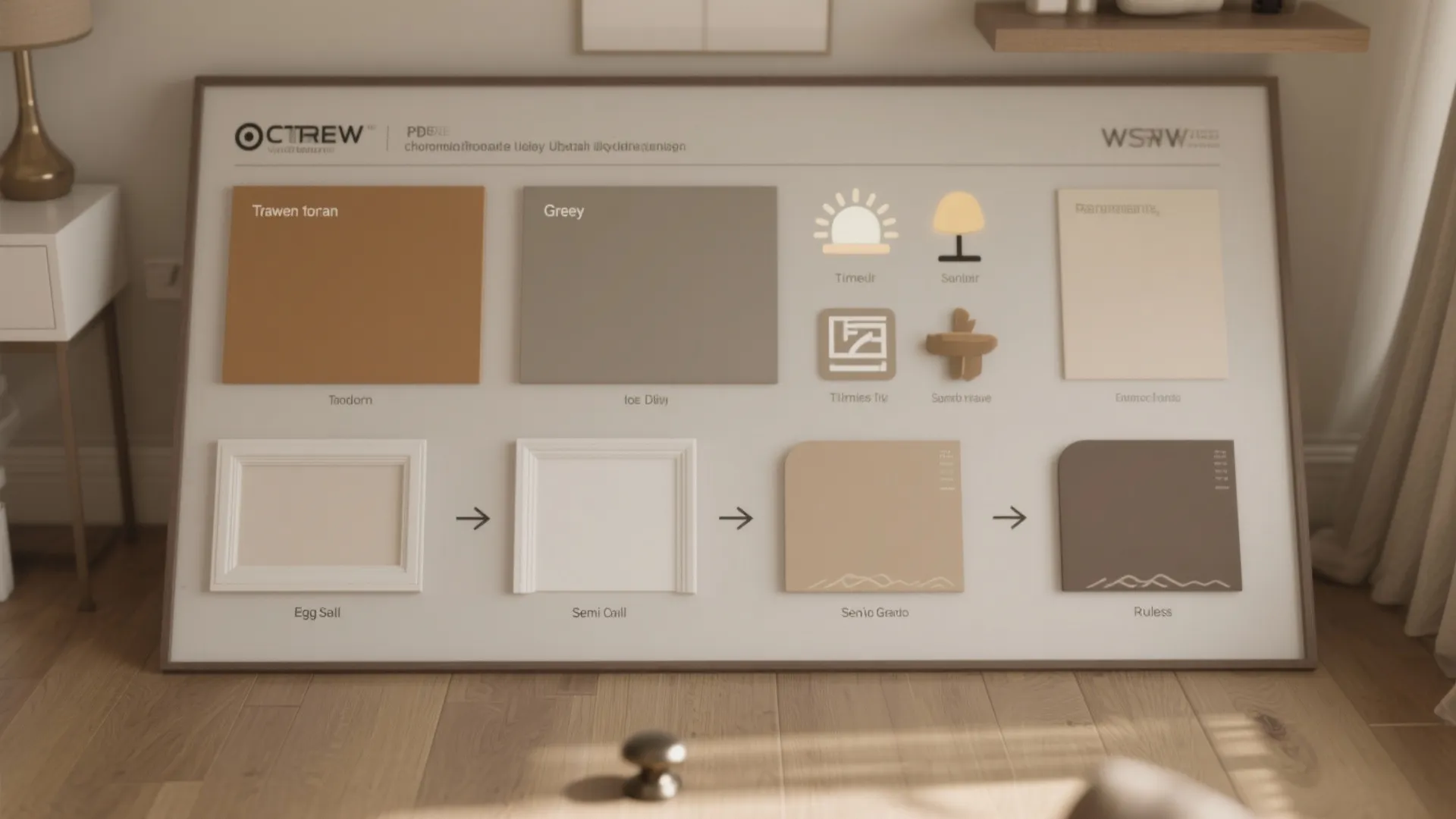 Information board showing tan color palette options wall panel designs and interior room layout symbols