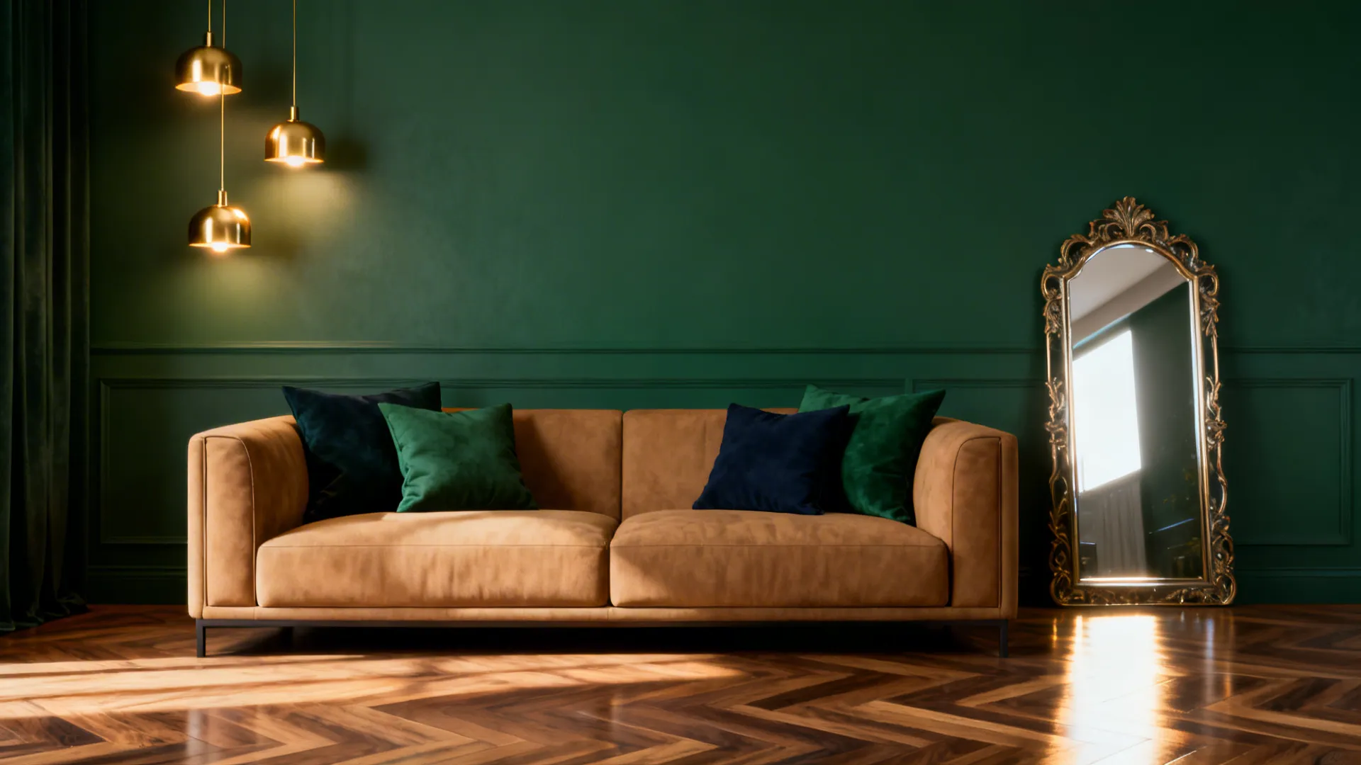 Tan sofa in front of a forest green accent wall with brass lighting and reflective mirror