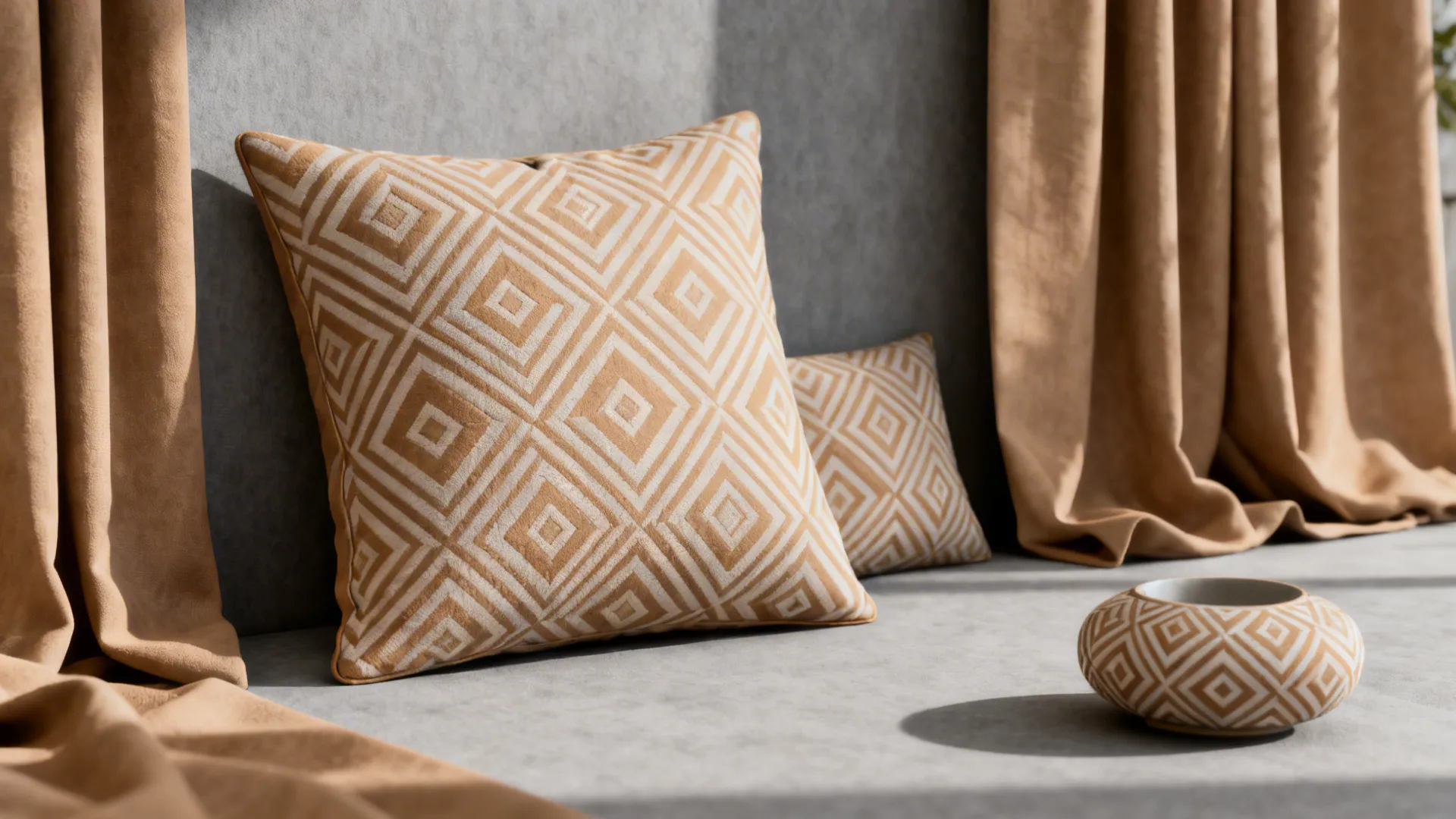 Tan geometric pattern pillows and curtains against a soft gray backdrop