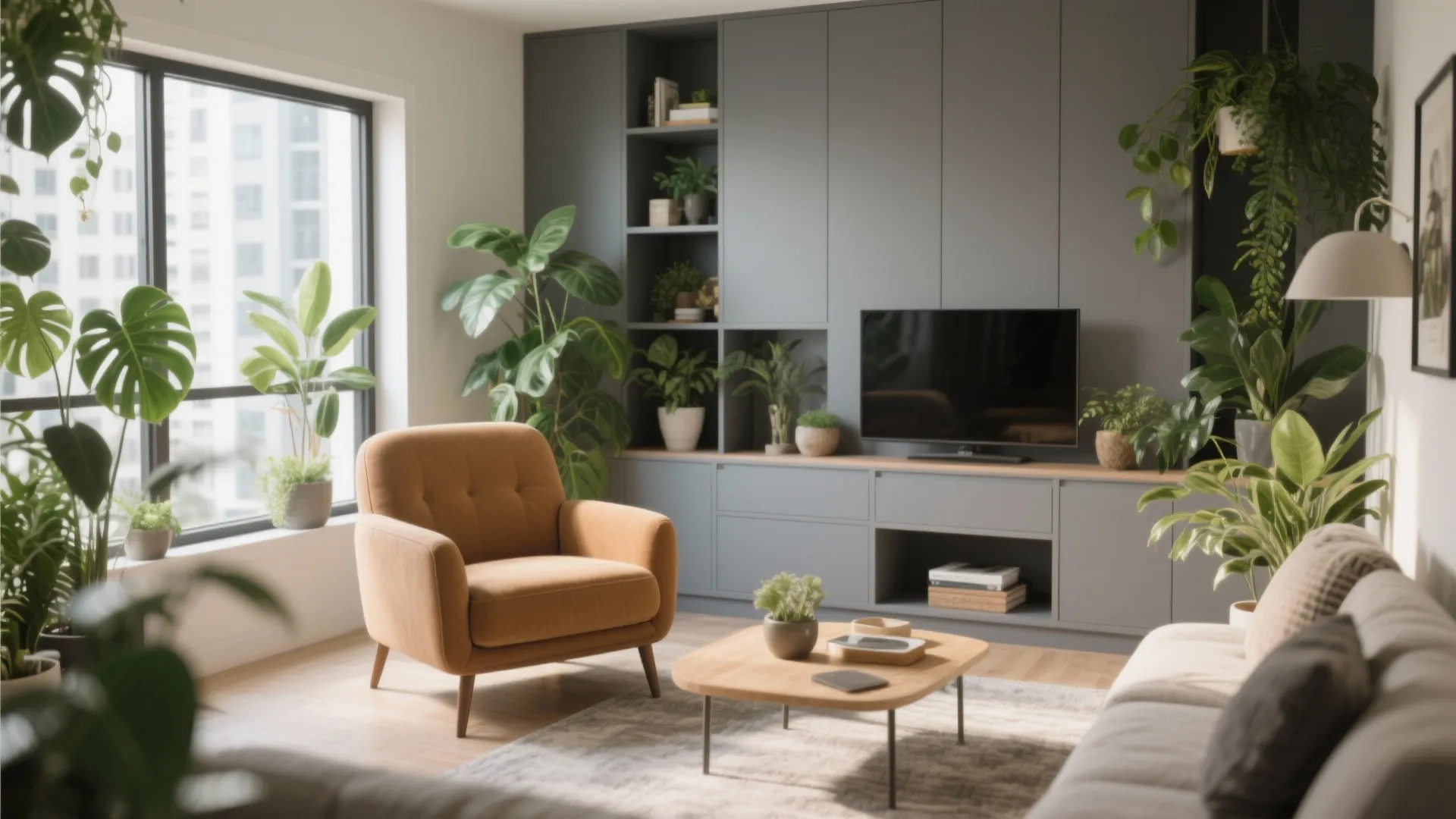 Tan and gray living room with lush green plants