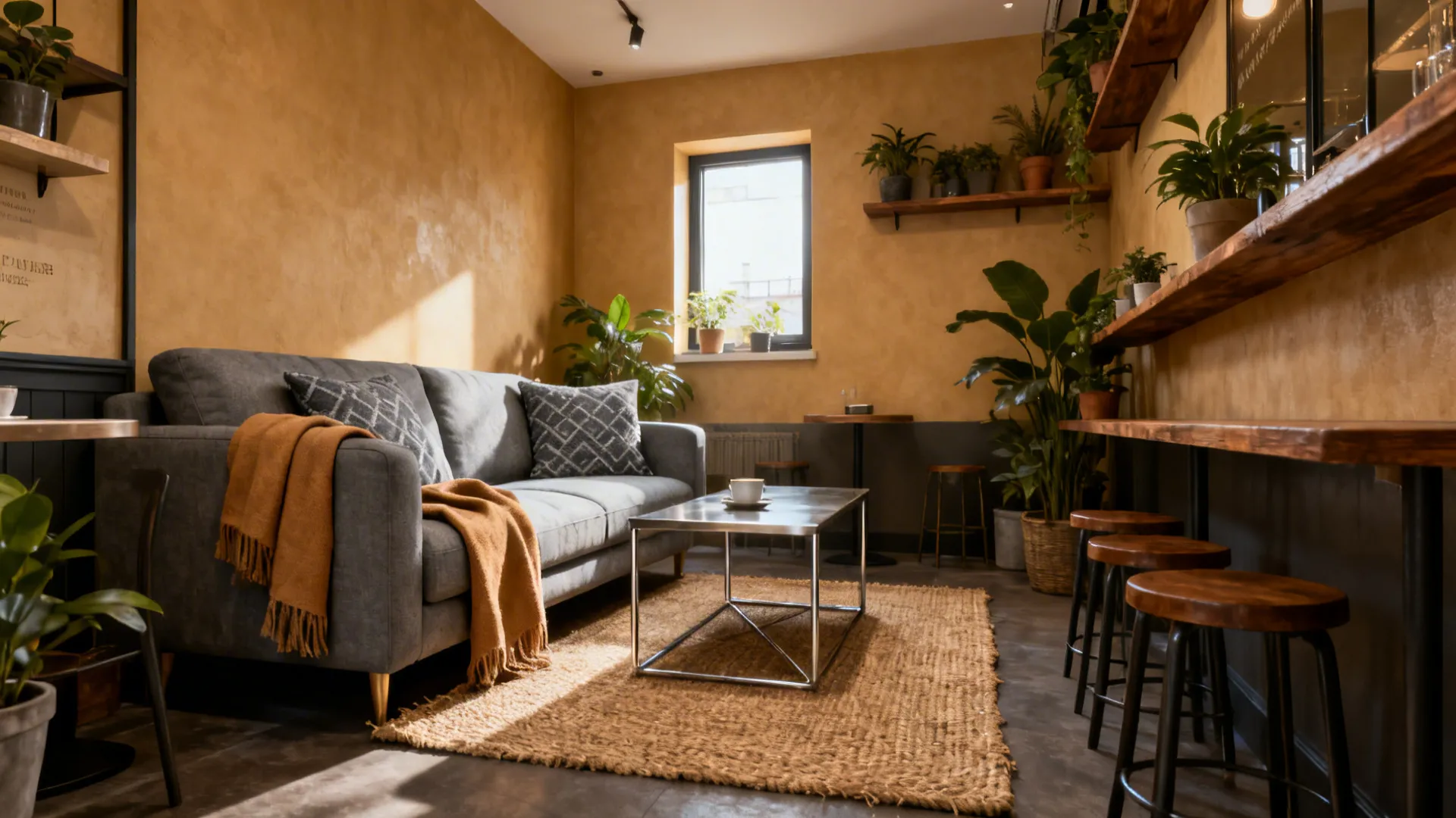 Interior space with tan walls grey sofa metal coffee table wooden stools and many plants