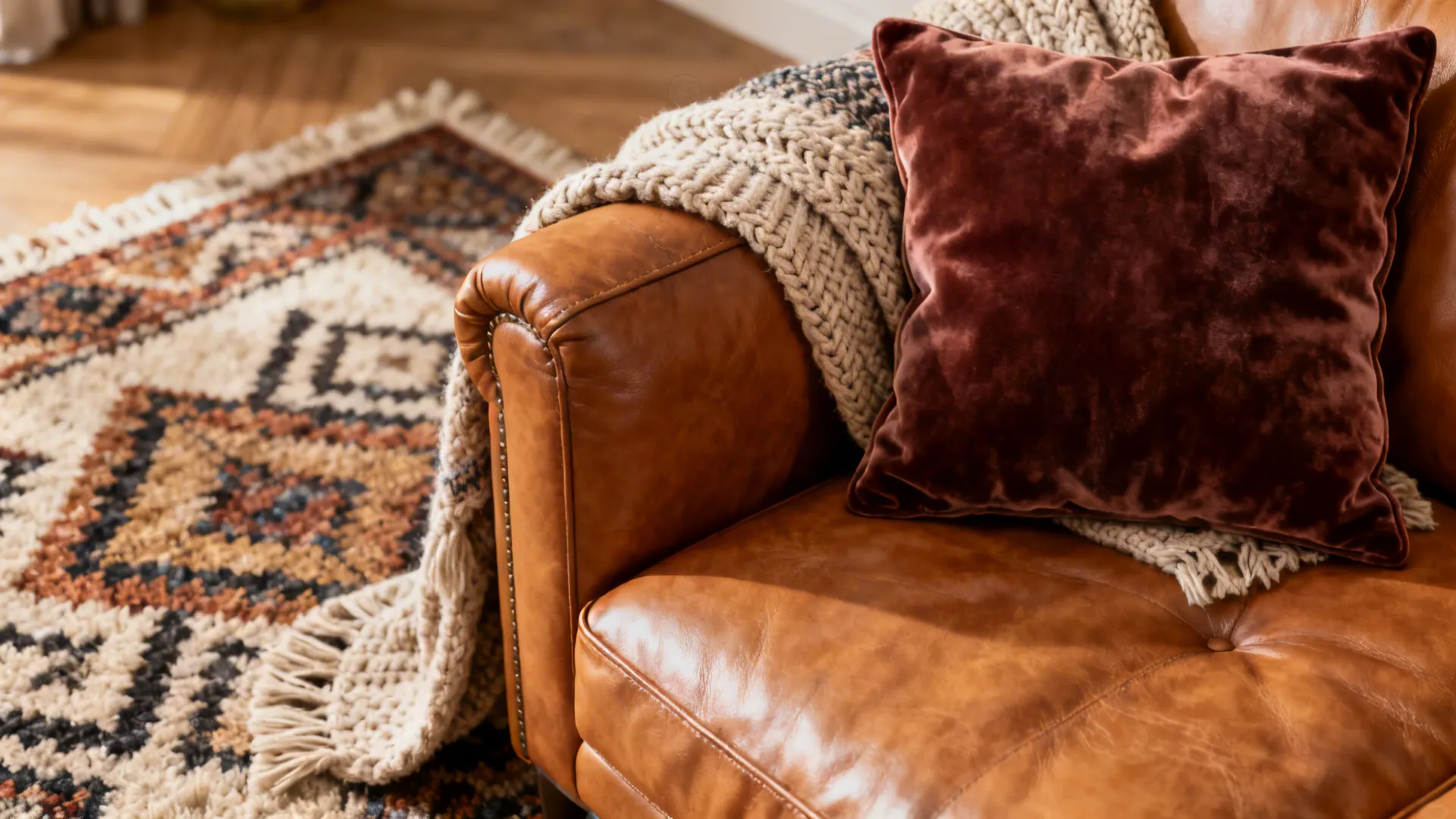 Brown leather chair with velvet pillow and knitted blanket next to a colorful patterned rug