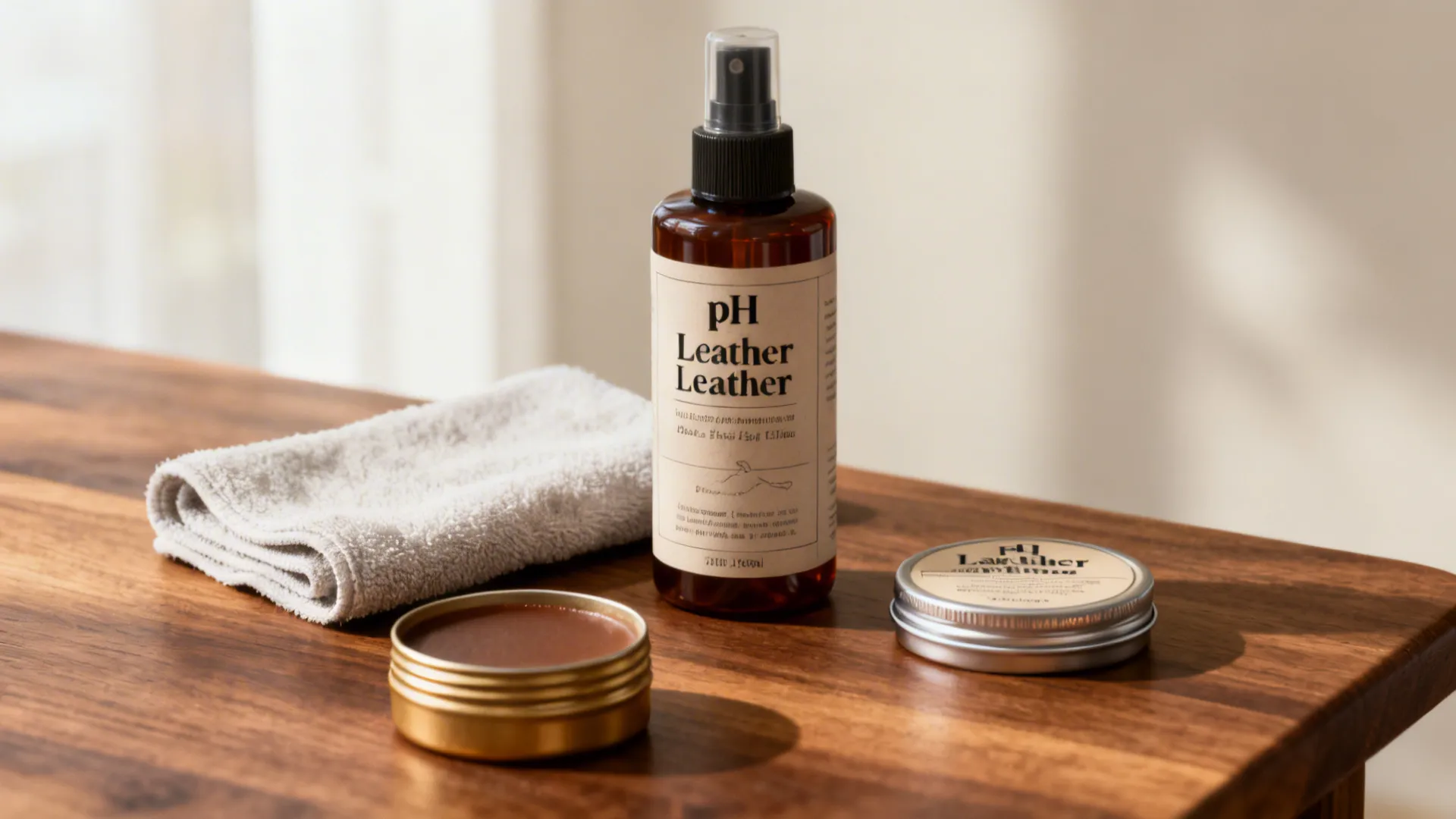 Leather care spray bottle wax tins and cleaning cloth on a dark brown wooden table surface