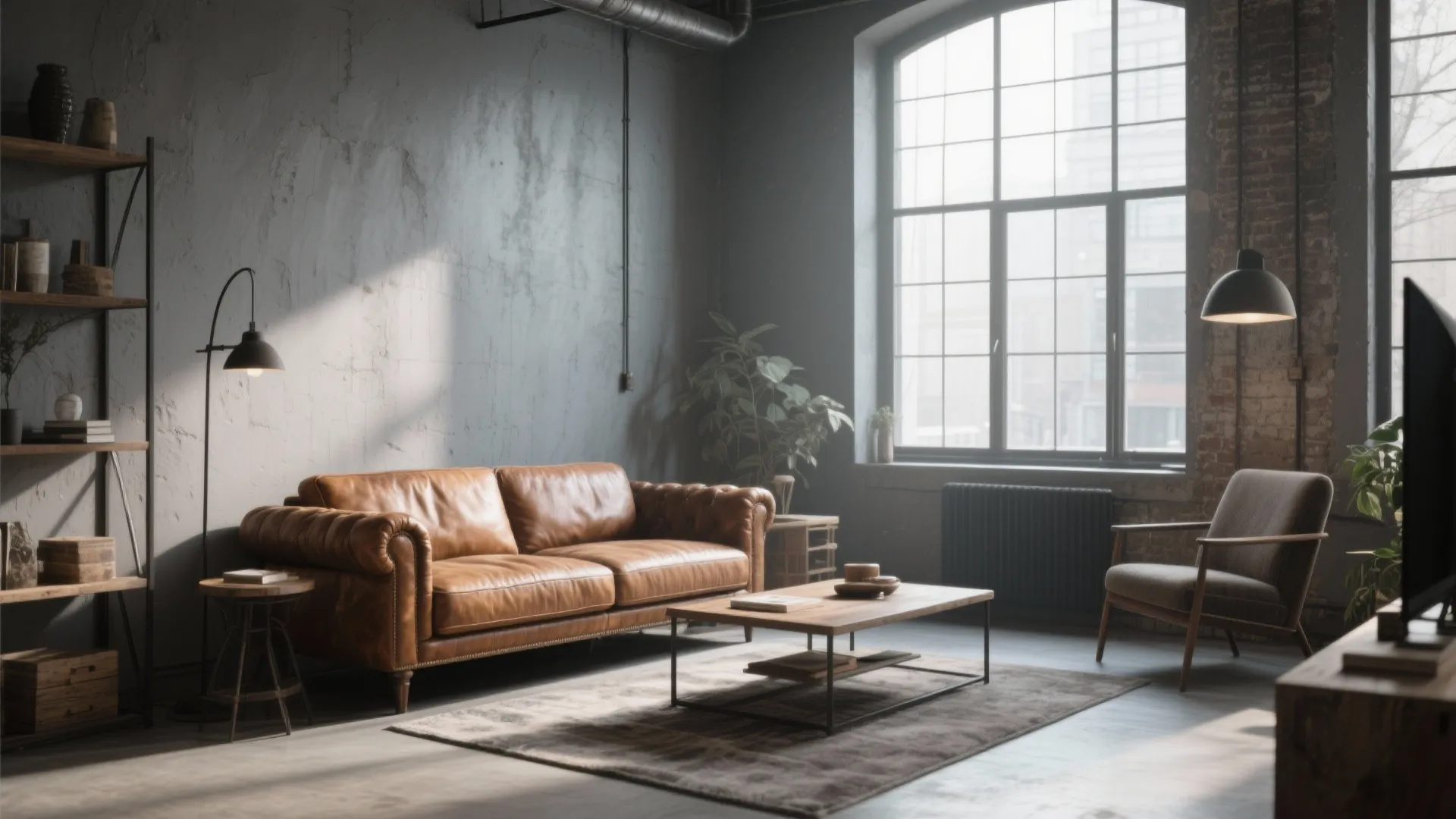 Urban loft with gray walls and tan leather sofa