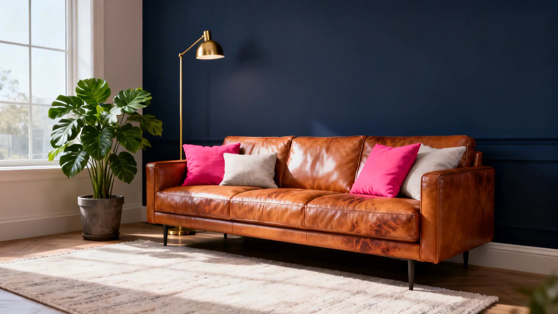 Brown leather sofa with pink pillows against dark blue wall with gold floor lamp plant