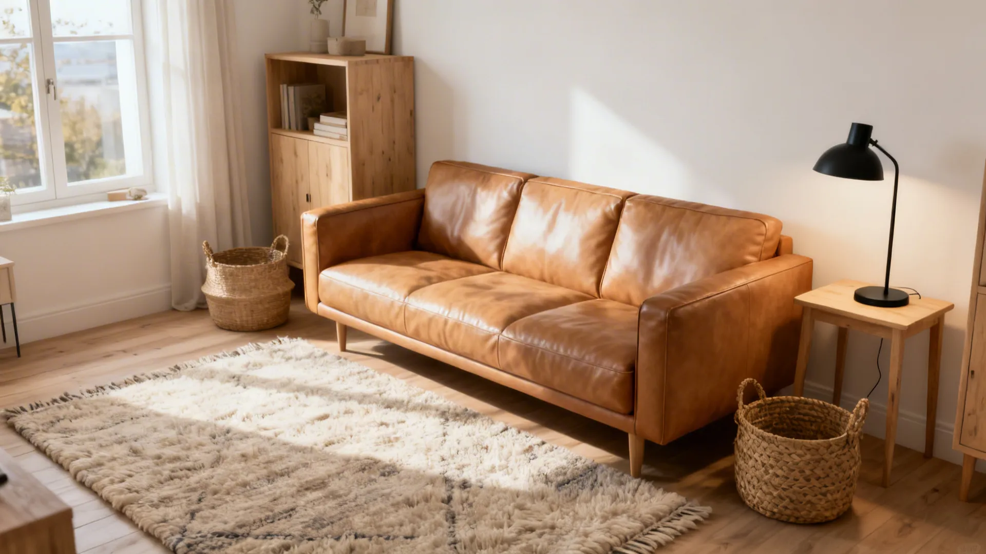 Brown leather sofa in bright living room with textured rug wooden cabinet and black lamp