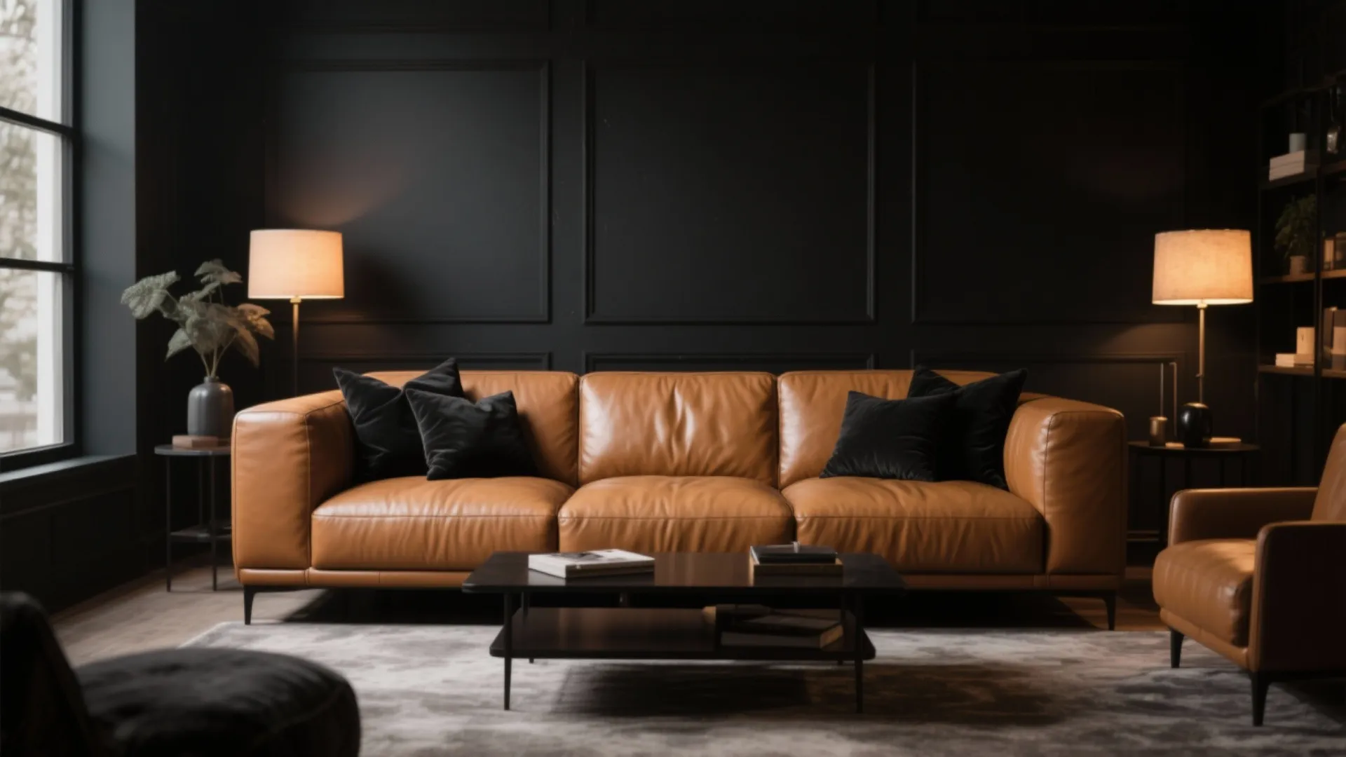 Tan leather sofa with black pillows placed against a dark wall with two side lamps