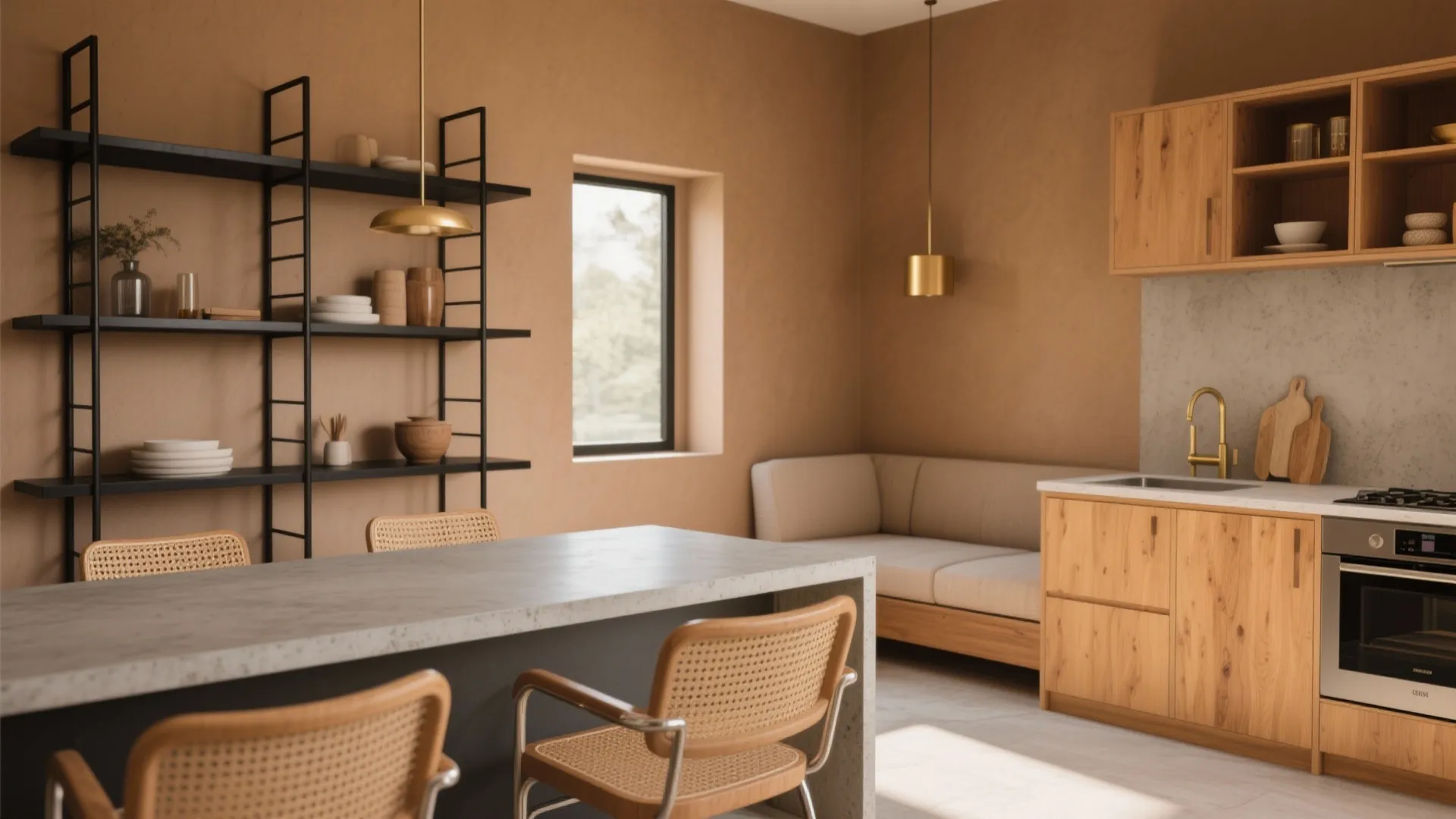 Modern kitchen and nook with tan walls paired with concrete, matte black metal, rattan and honeyed wood finishes.